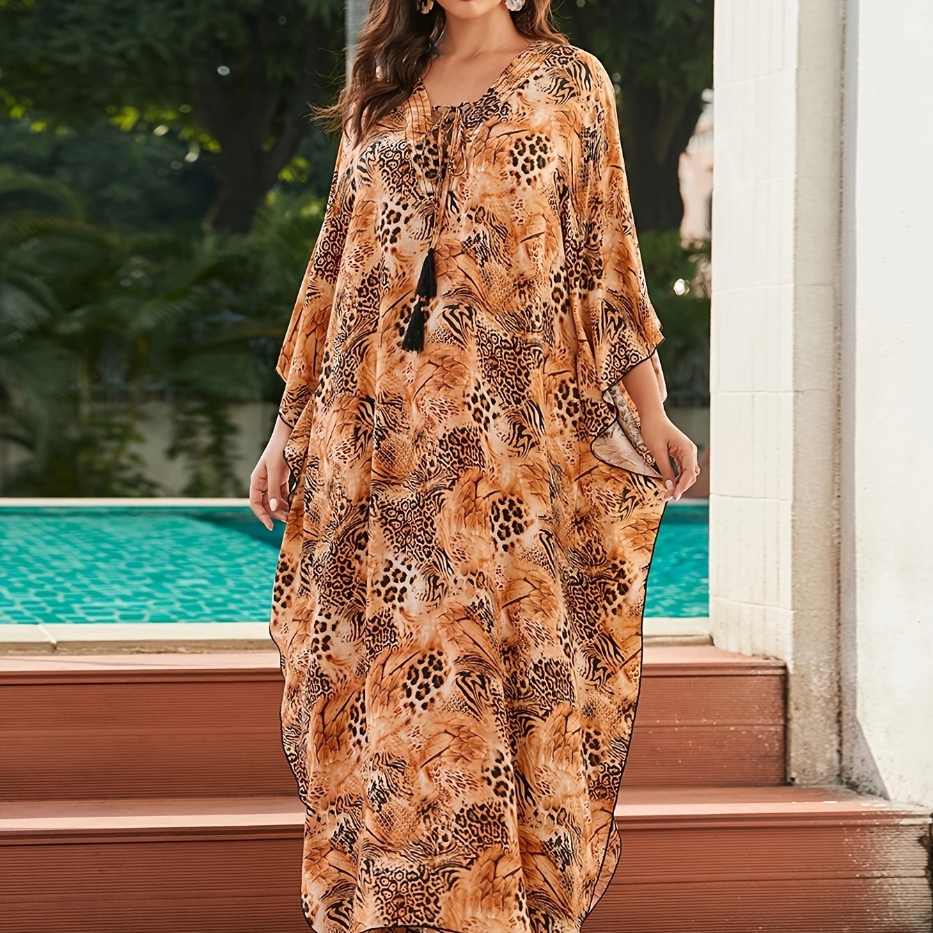 Women's Floral Print Beach Cover-Up Kaftan Dress Floral Pattern, V-Neck With Tie, Loose-Fitting Ethnic Style Casual Maxi Dress