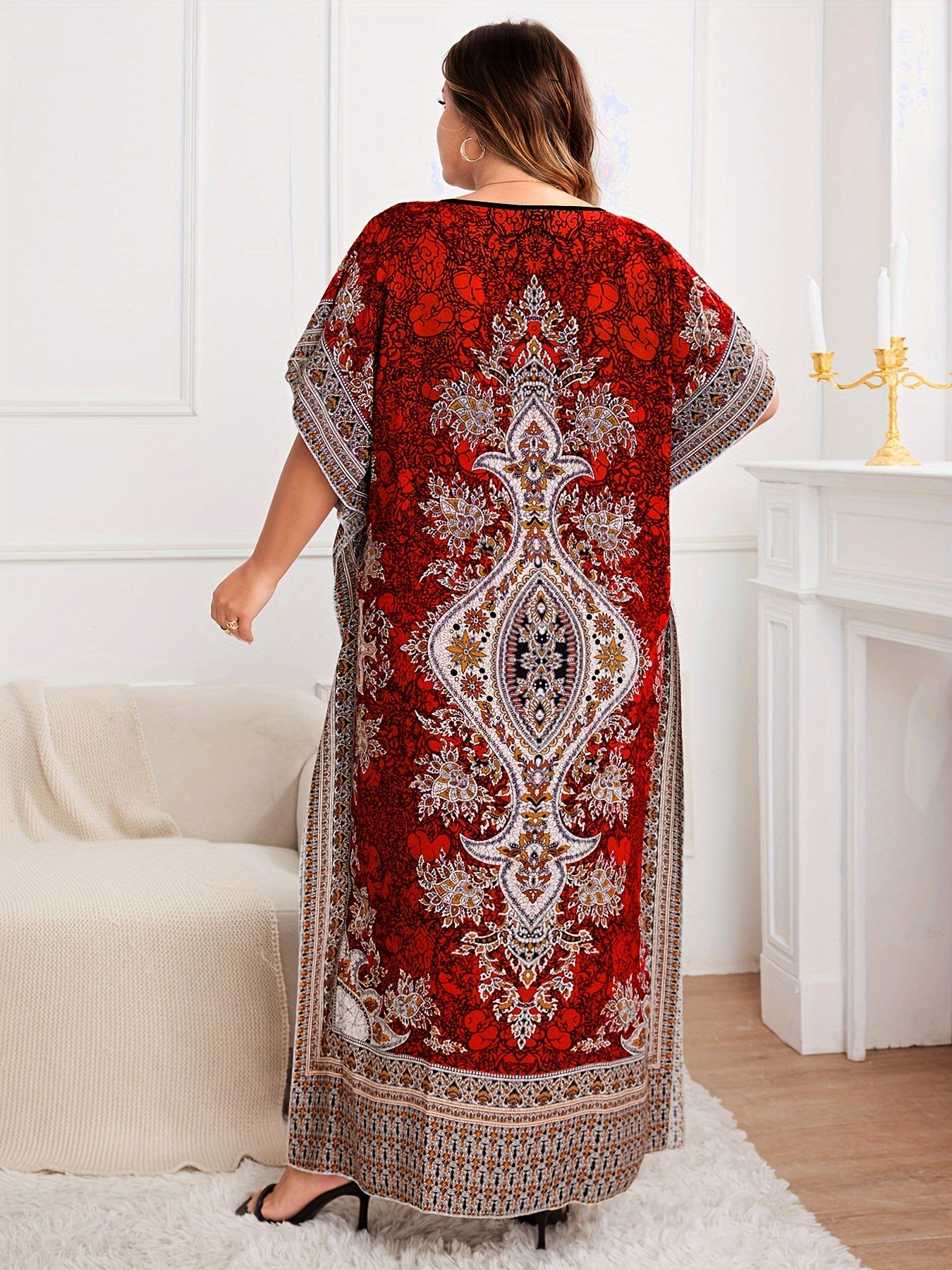 Plus Size, European and American Plus Size Women's Bohemian Vacation Dress with Middle Eastern Kaftan Abaya Style