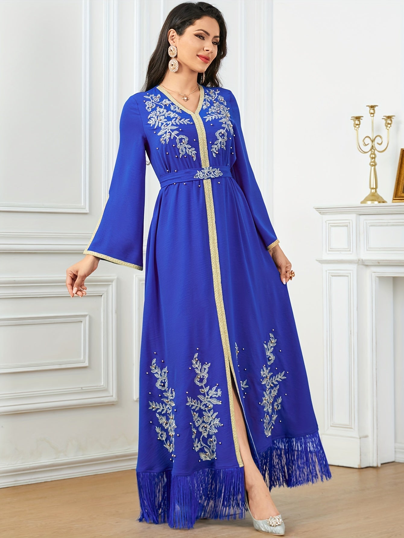 Women's Embroidered Long Sleeve Modern Abaya, 100% Polyester, Solid Color, Non-Stretch Woven Fabric, 155g/m² Weight, 90g/m² Lining, All-Season Fashion with Belt Detail