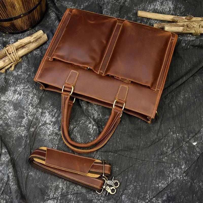 Vintage Leather Laptop & Messenger Bag - 14" Laptop Capacity, Adjustable Shoulder Strap
