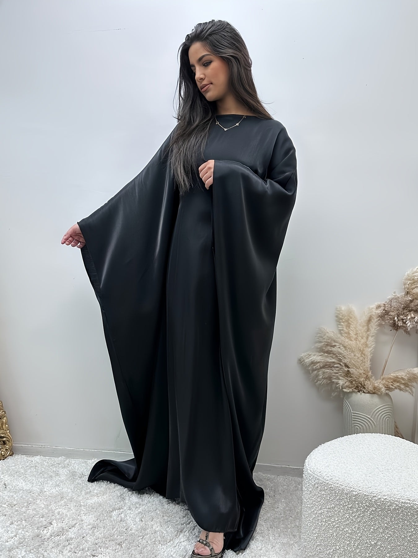 Women's Modest Arabic Abaya Robe Dress - Long Sleeve Asymmetrical Hem Shiny Fabric Cover-Up, Machine Washable All-Season Versatile for Parties Daily Outings, Solid Color Traditional Attire