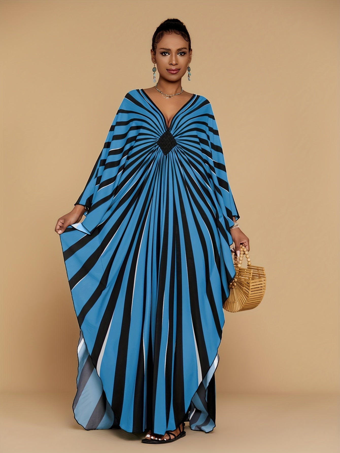 Plus Size - Bohemian Stripe Print Kaftan Dress for Women - V-Neck, Half Sleeve, Long Length, Lightweight Polyester, Perfect for Beach Coverup & Casual Vacation, Plus Size, Spring/Summer/Fall Wear, Beach Dress