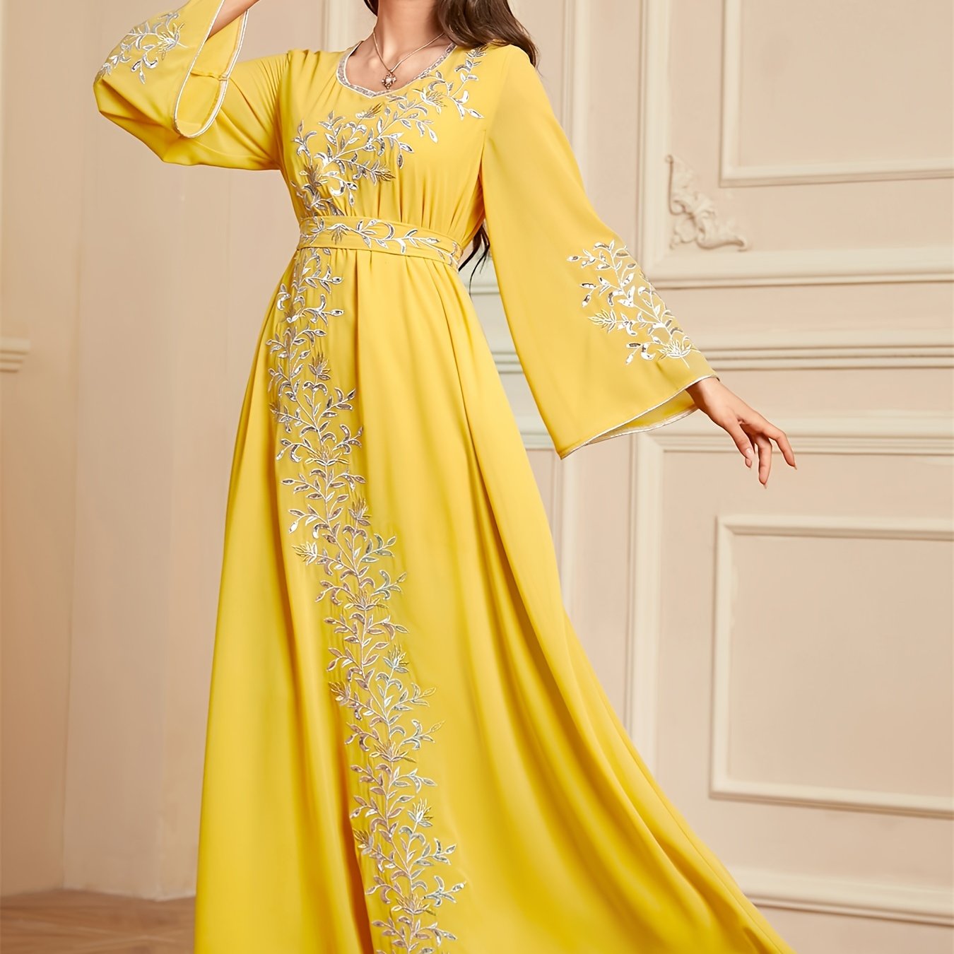 Elegant Embroidered Abaya Dress - Loose Fit, Machine Washable Polyester Modest Kebaya for Women with Belt