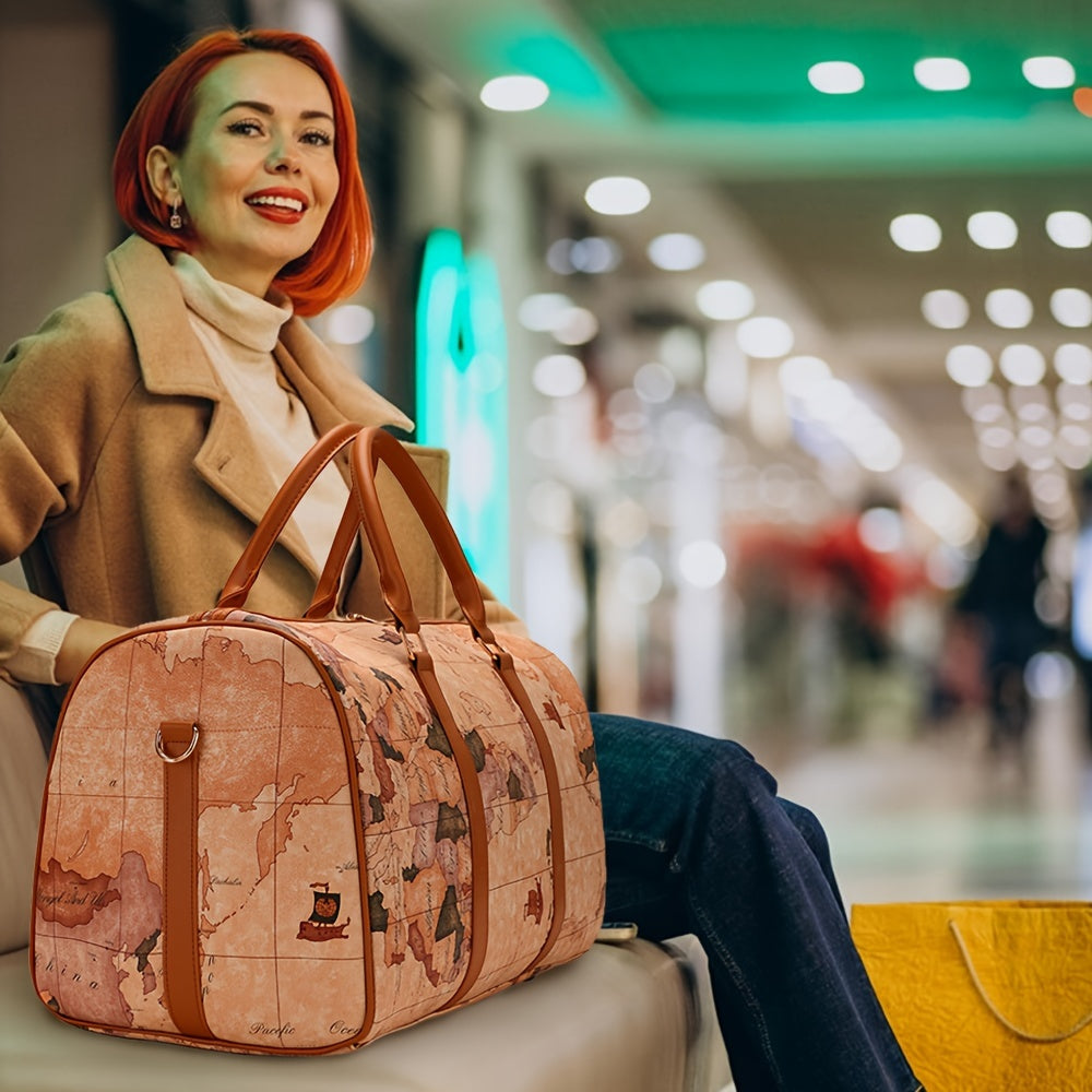 Vintage Leather Map Design Travel Duffel Bag, Large Capacity Luggage with Zipper Closure, Polyester Lined, Edge Painted - Hand Wash/Dry Clean Only, Secure Storage Bag | Retro Style Suitcase | Bag, Luggage for Travel