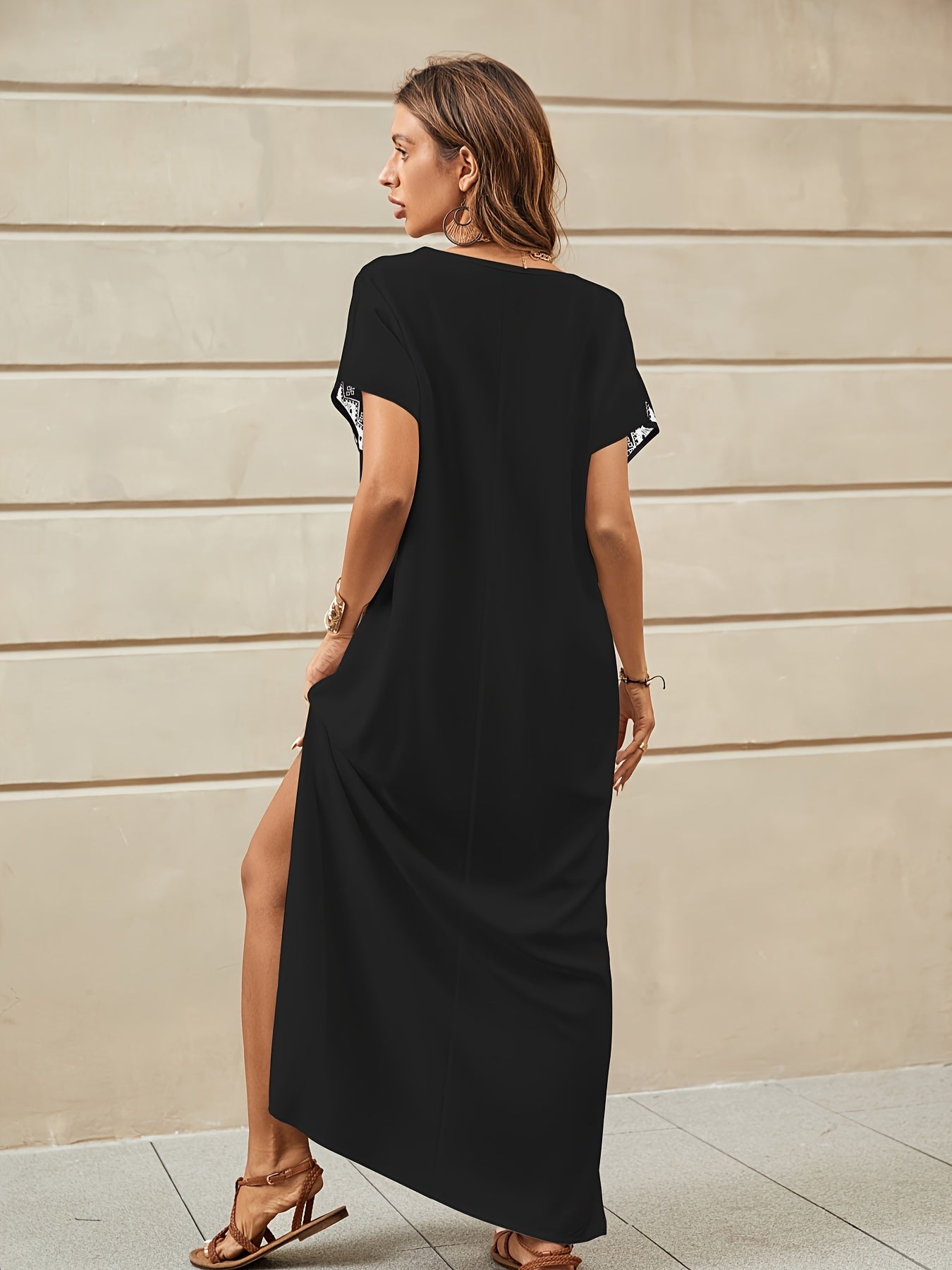 Embroidery Long Kaftans for Women Bathing Suit Cover Up V Neck Kaftan Loungewear Maxi Dresses Black