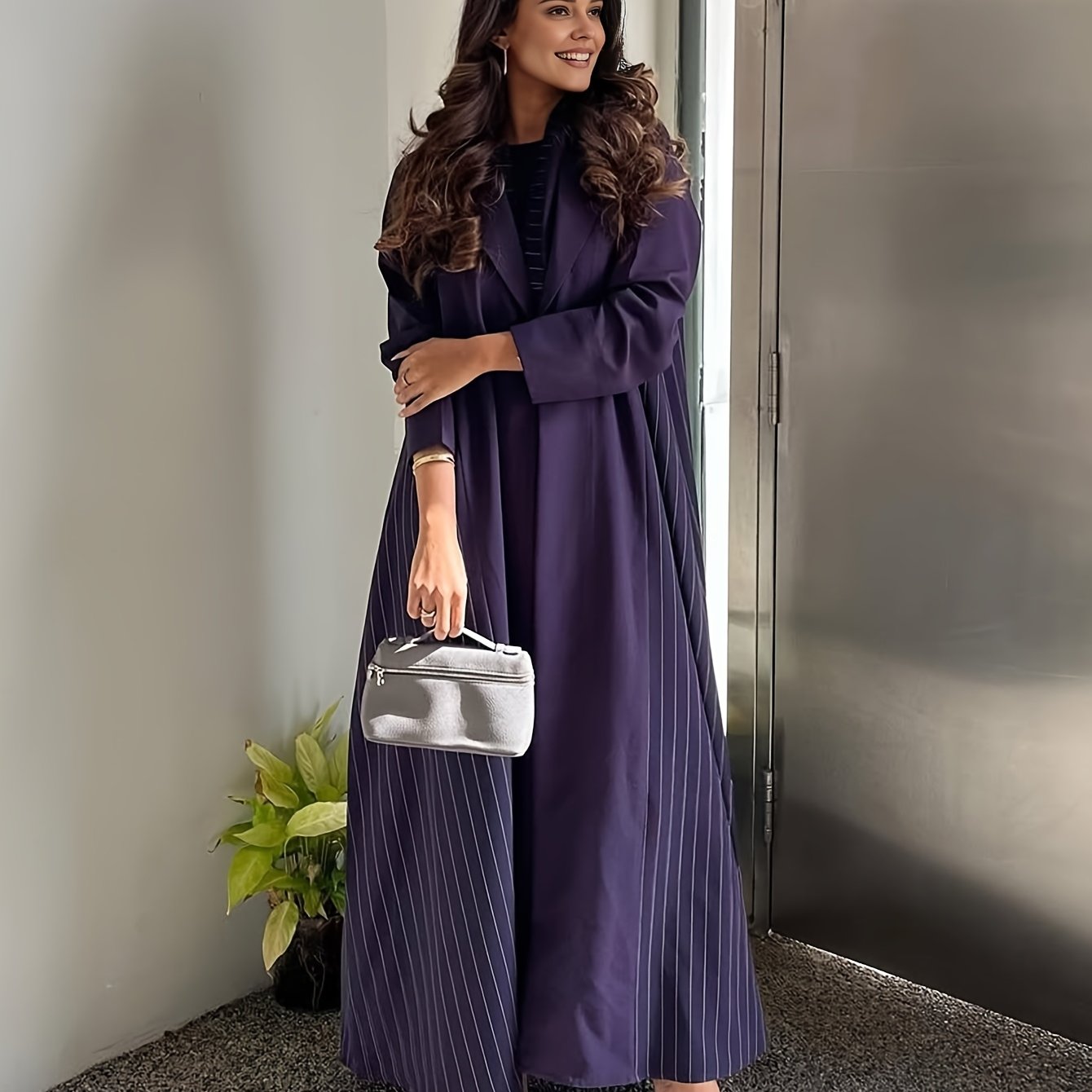 Women's Elegant Striped Purple Abaya Jacket - Long Sleeve Open Front with Lapel Collar, Loose Fit for Casual & Formal Wear, Versatile All-Season Layering Piece, Cultural Fashion, Sophisticated Design