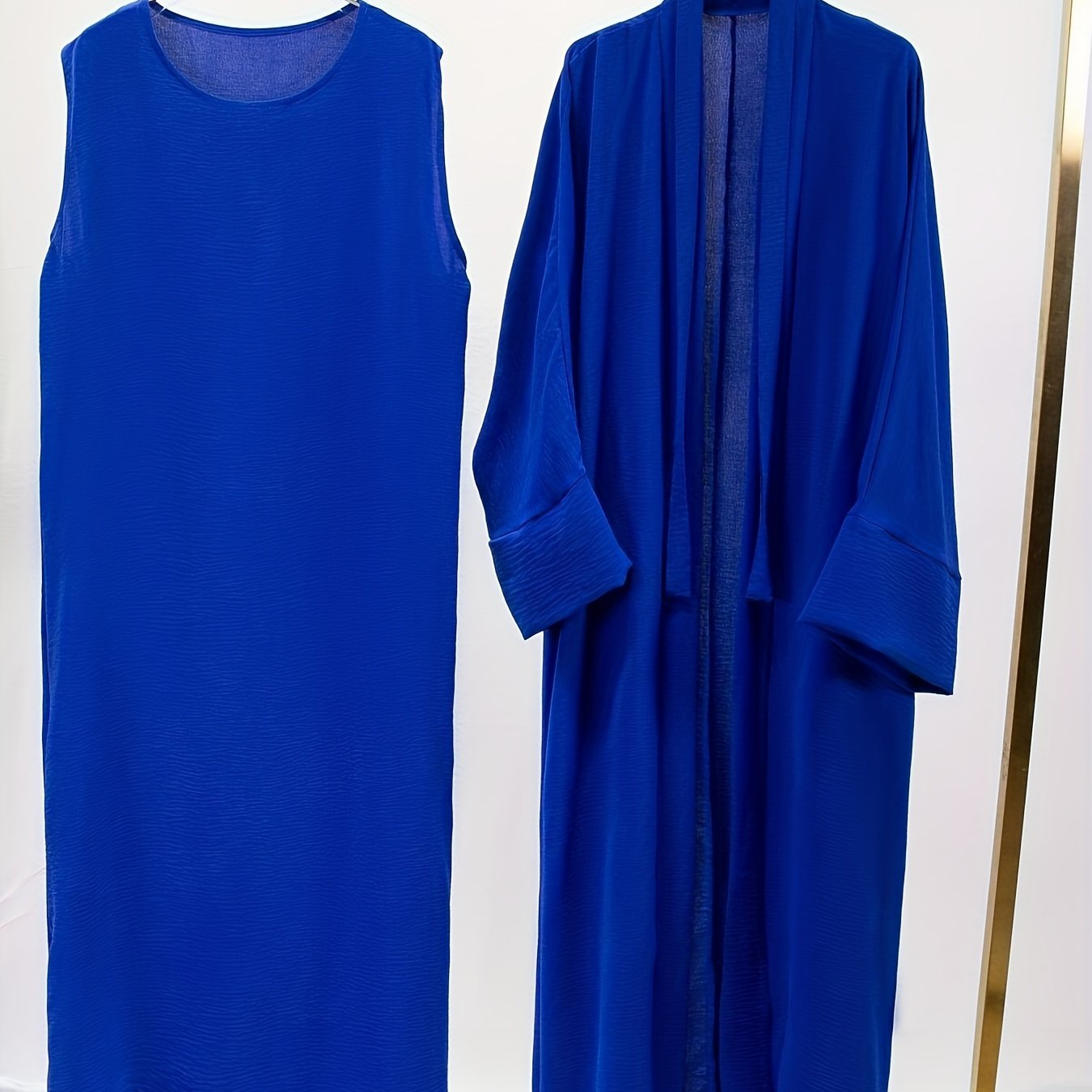 Ramadan Solid Color Modest Pakistani Abaya Set, Casual Crew Neck Sleeveless Tank Dress & Open Front Long Sleeve Tie Cardigan Outfits, Women's Clothing