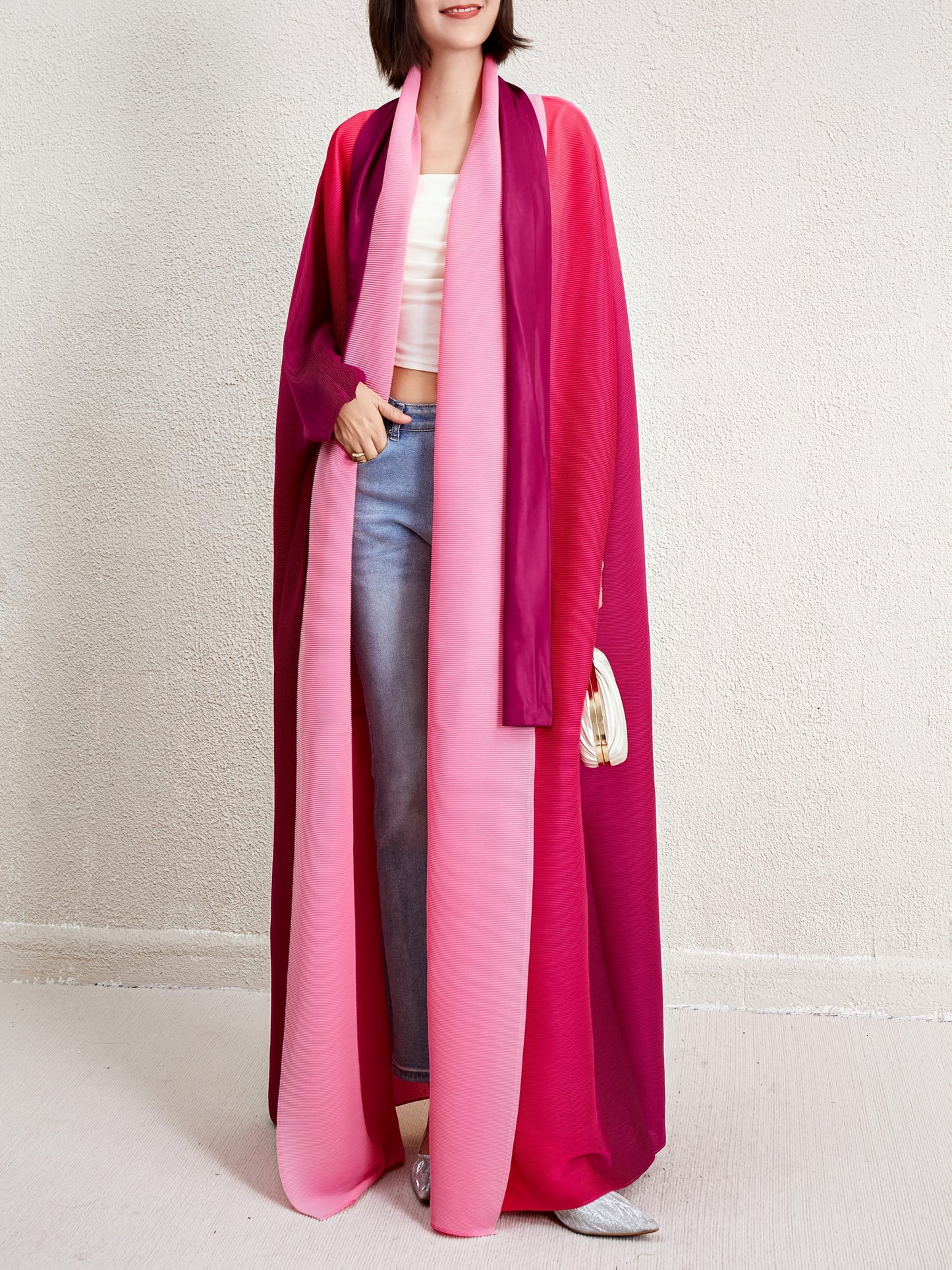 Elegant Plus-Size Gradient Emirati Abaya Robe with Batwing Sleeves - Pink to Purple Transition, Pleated Trench Coat with Lace-Up Detail, High-Stretch Polyester, Machine Washable for Women