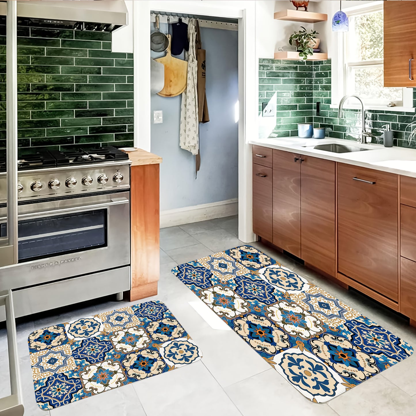 Sponge Thickness 10mm Density 18D Square Meter Weight 500g Set of 1/2/3 Kitchen Bathroom Rugs, Decorative Mats with Traditional Portuguese or Moorish