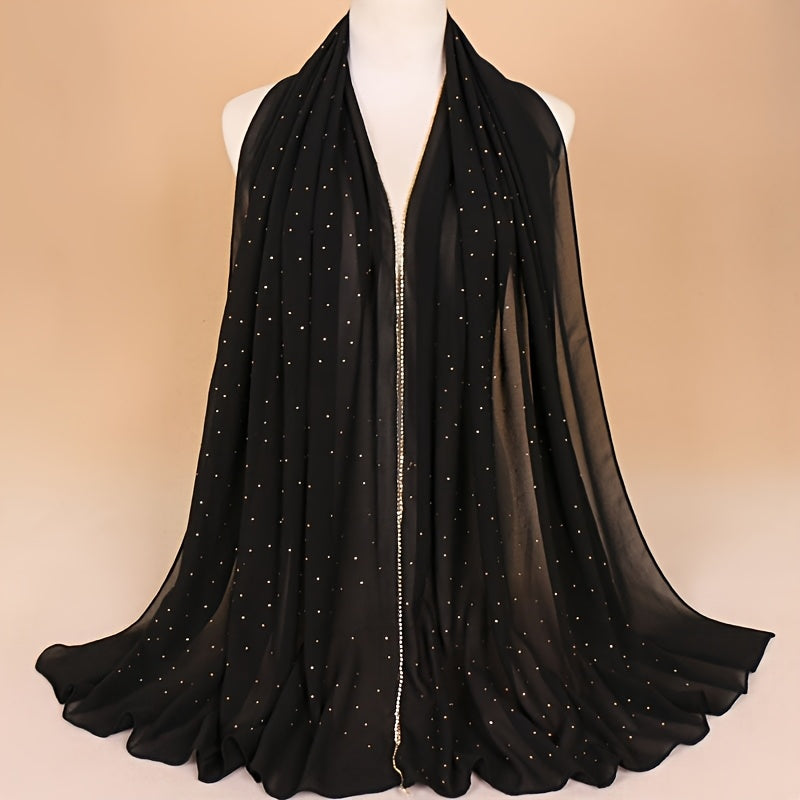 1pc Lightweight Breathable Chiffon Scarf with Sparkling Rhinestone Trim