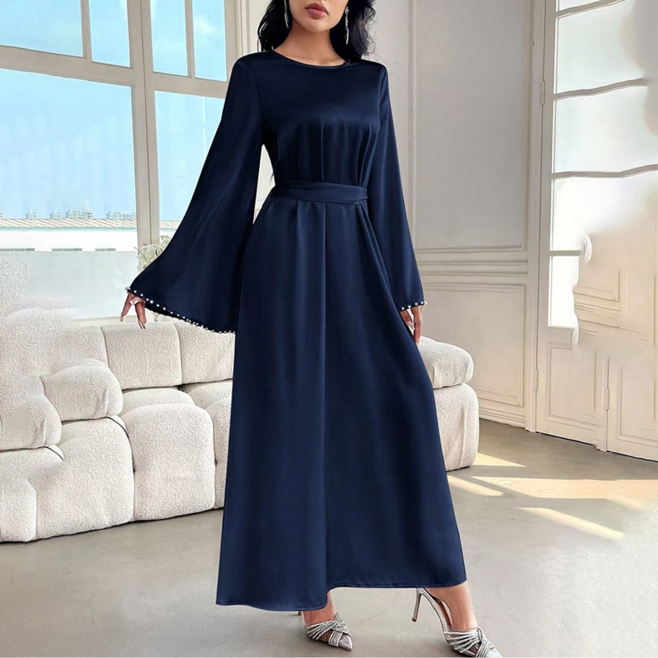 Elegant Round Neck Solid Color Flared Maxi Dress Long Sleeve with Pearl Cuff Detail, Modest A-Line Middle Eastern Turkish Abaya Party & Vacation Dress for Women