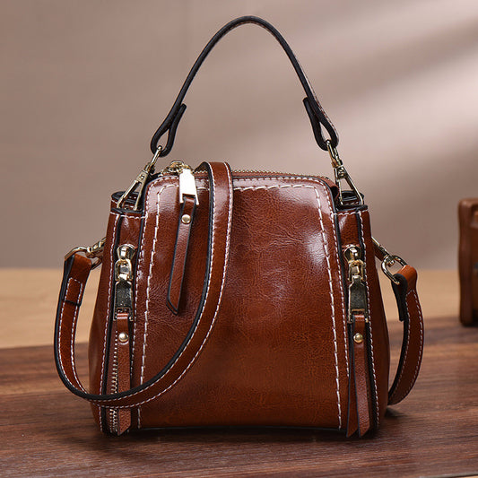 Genuine Leather Retro Women's Shoulder Bag - Adjustable Crossbody Bag with Multiple Compartments, Zipper Closure & Metal Hardware