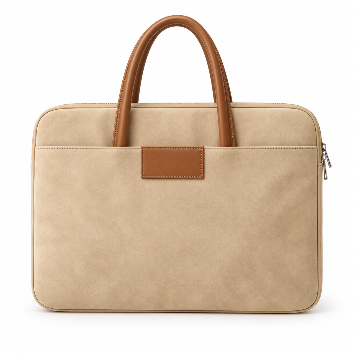 Beige Leather Laptop Bag With Handles