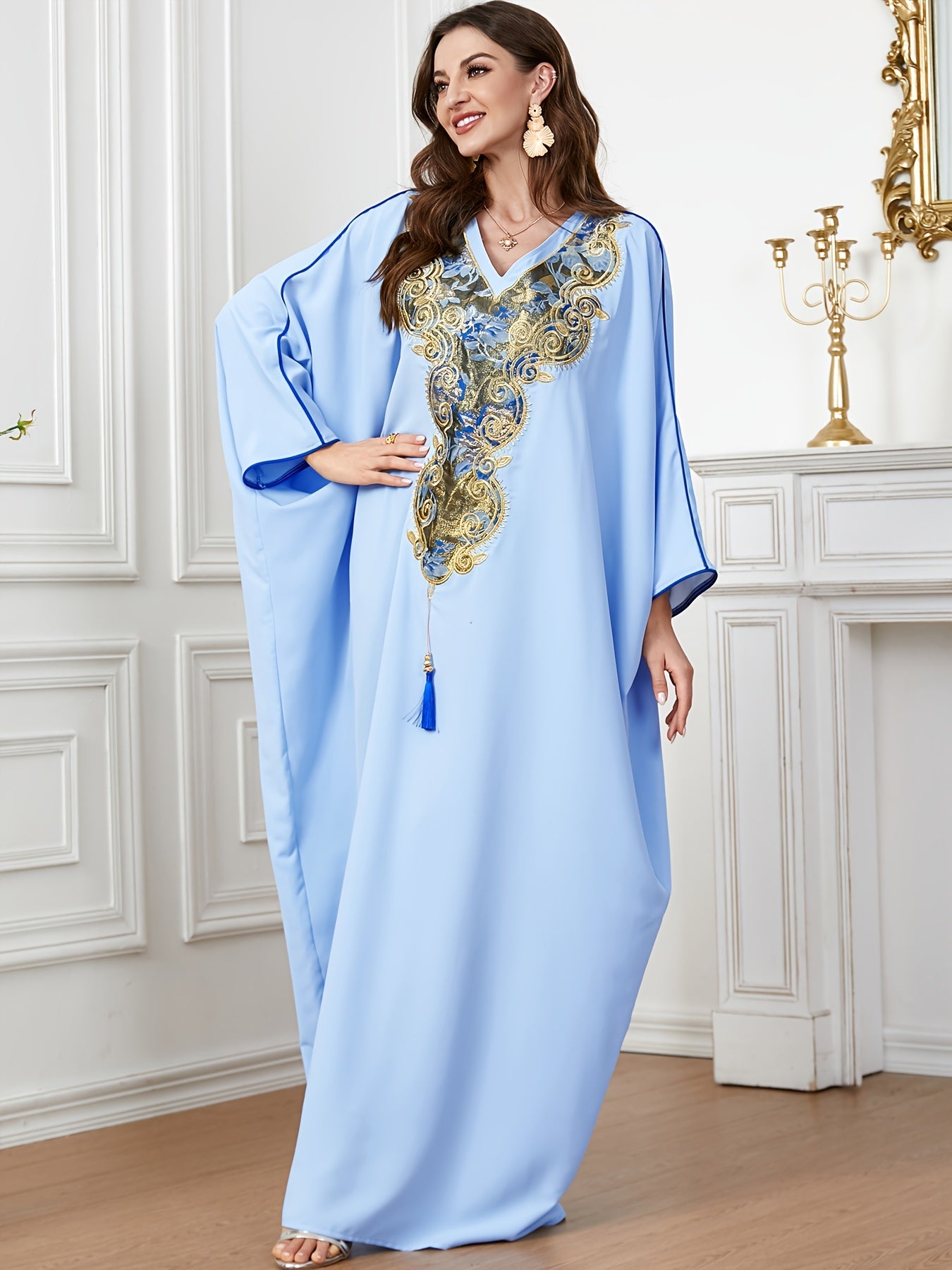 Women's Embroidered Batwing Sleeve Kaftan Abaya, 100% Polyester, Long Sleeve, Solid Color, Non-Stretch, Loose Fit, All Seasons, Woven, 155 g/m² - Middle Eastern Style
