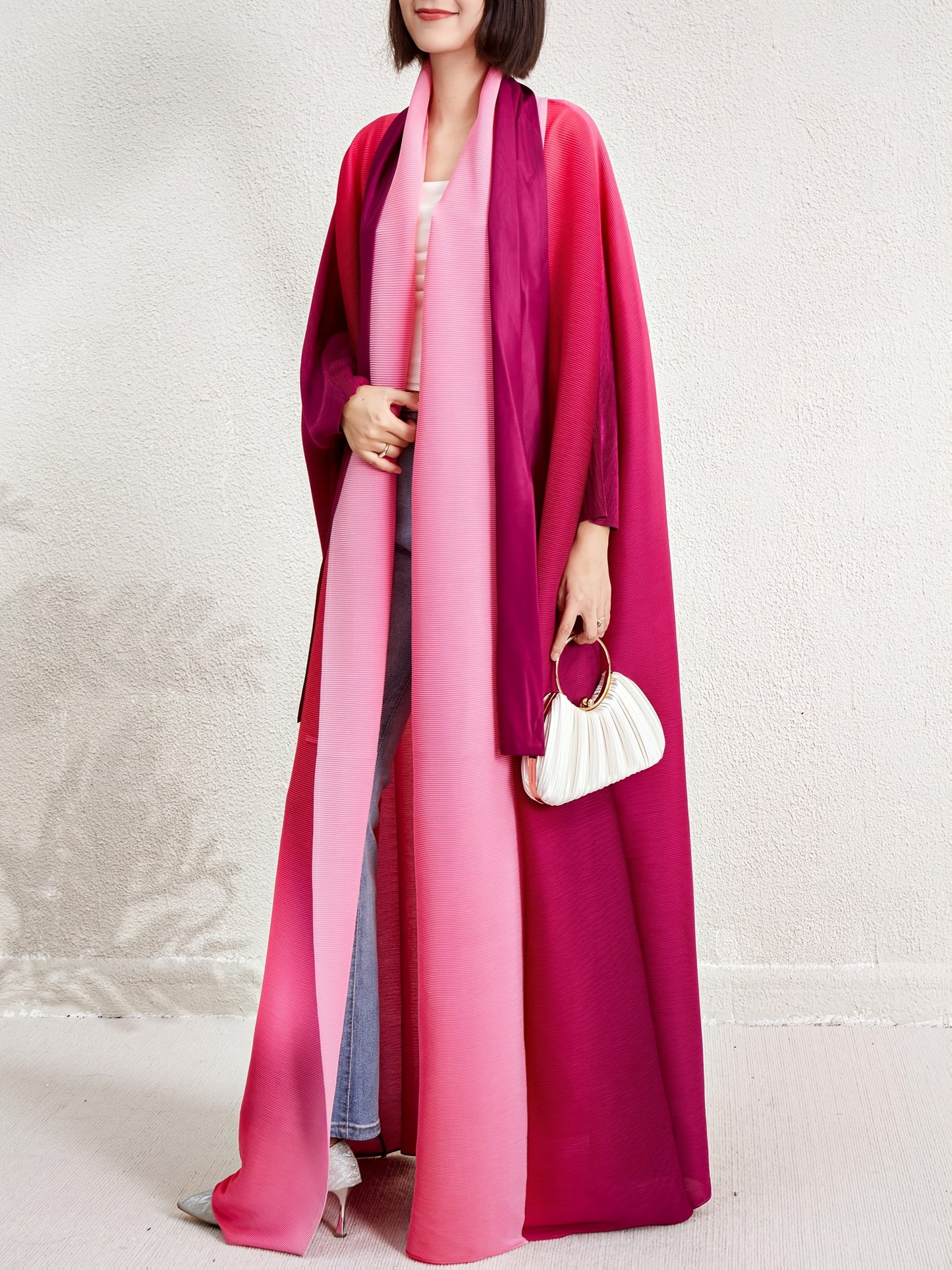Elegant Plus-Size Gradient Emirati Abaya Robe with Batwing Sleeves - Pink to Purple Transition, Pleated Trench Coat with Lace-Up Detail, High-Stretch Polyester, Machine Washable for Women