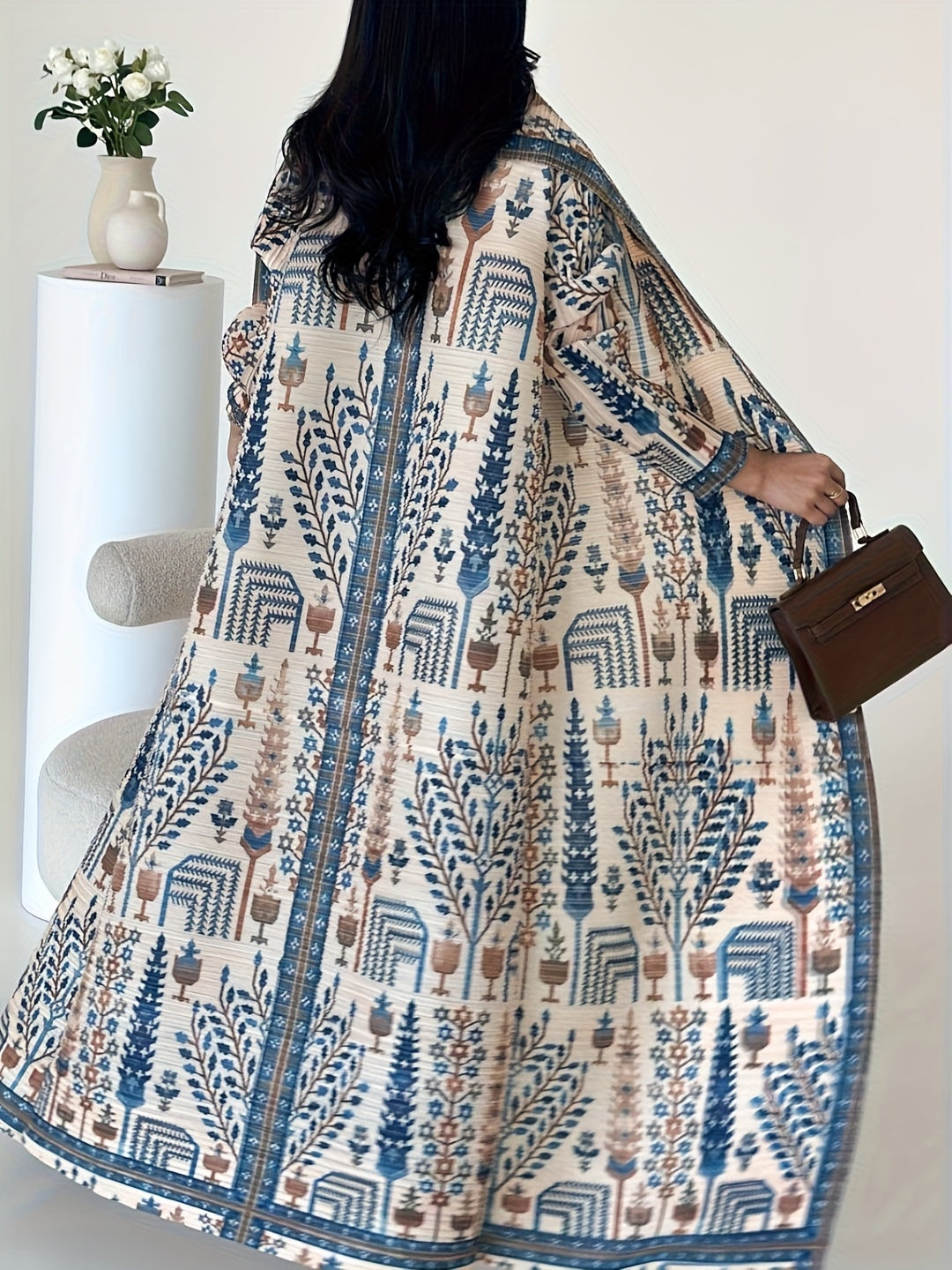 Elegant Palace-Style Geometric Print Robe - Lightweight High-Stretch Polyester Open-Front Abaya with Adjustable Drawstring Waist, Long A-Line Loose Fit for Spring/Autumn