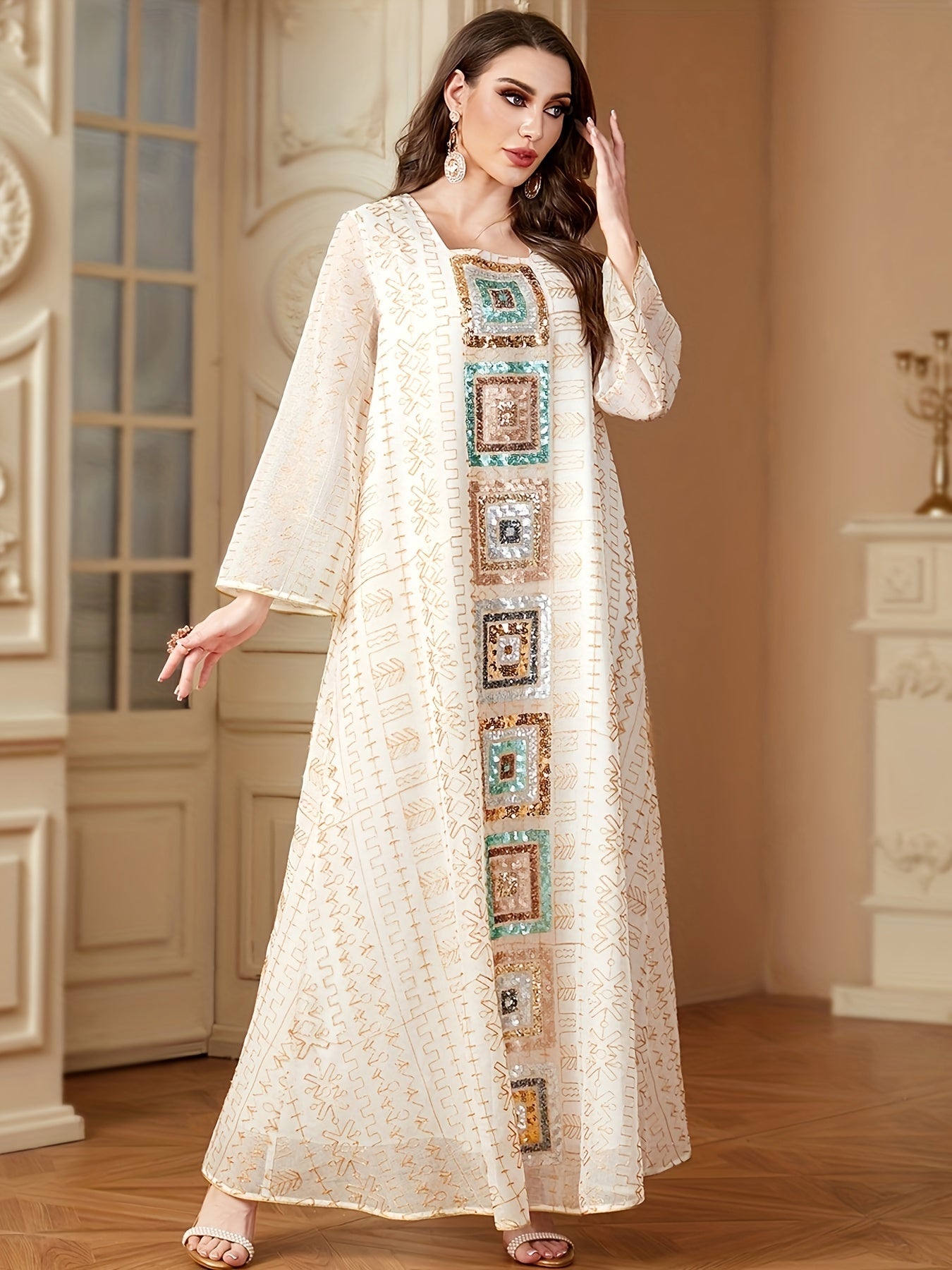Muslim Sequin Patchwork Dress Women's Jalabiya Ramadan Morocco Dubai Mesh Fashion Kebaya Loose Kaftan Abaya