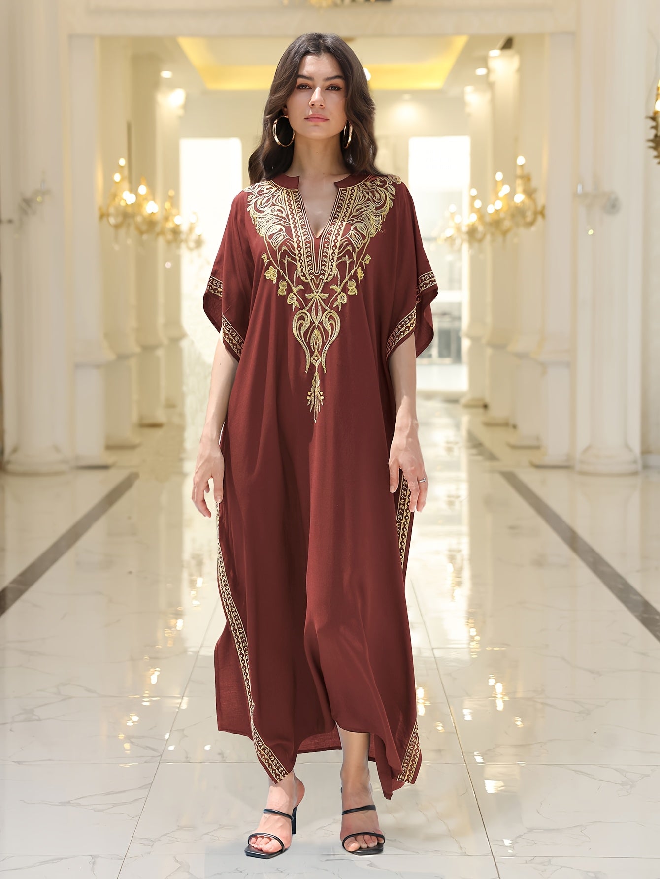Long Robe Golden Embroidered Vacation Robe Kaftan Dress V-neck Beach Cover Shirt Kaftan