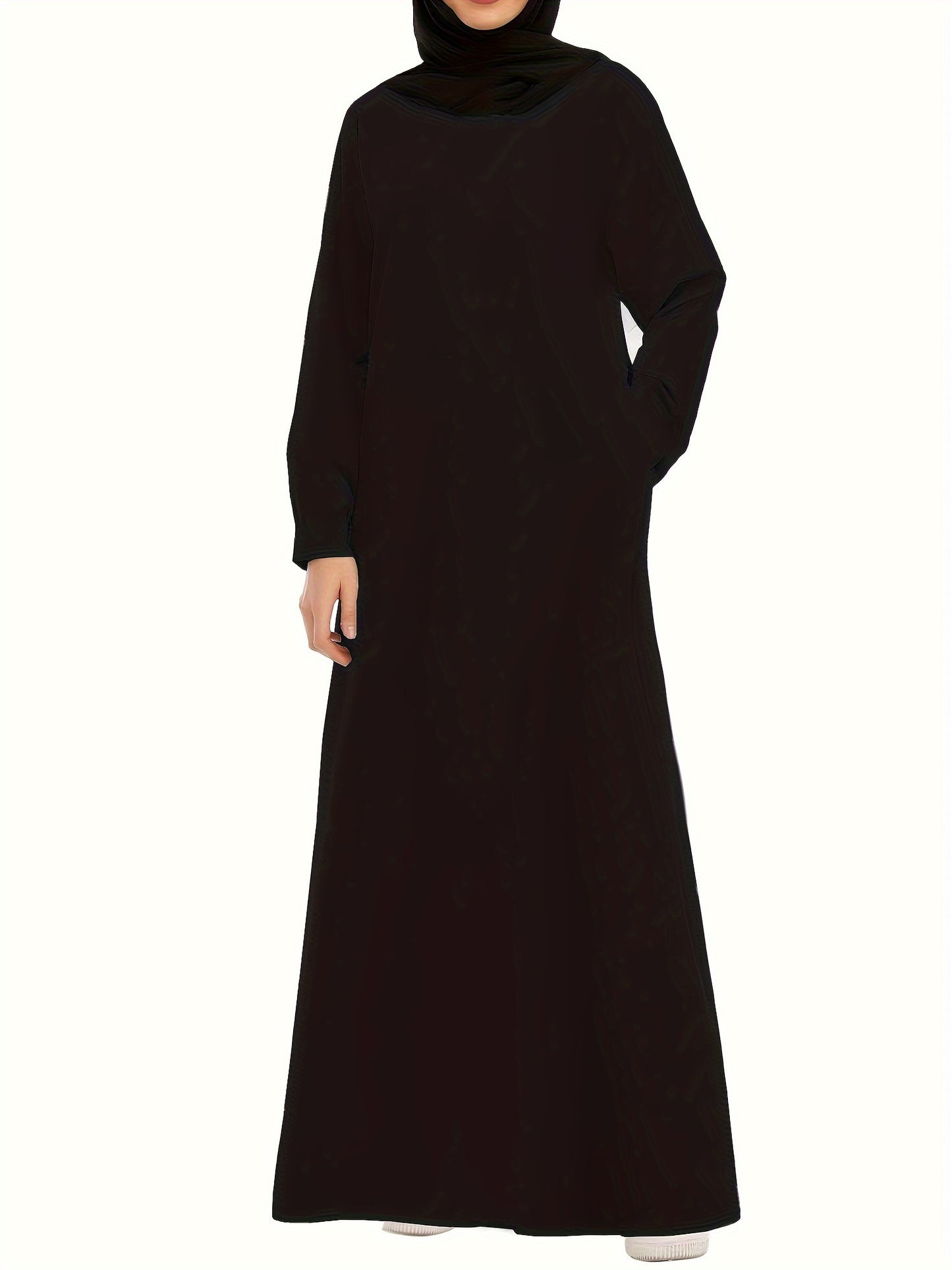 Ramadan Crew Neck Long Sleeve Modest Arabic Abaya, Solid Color Zipper Maxi Length Dress, Women's Clothing