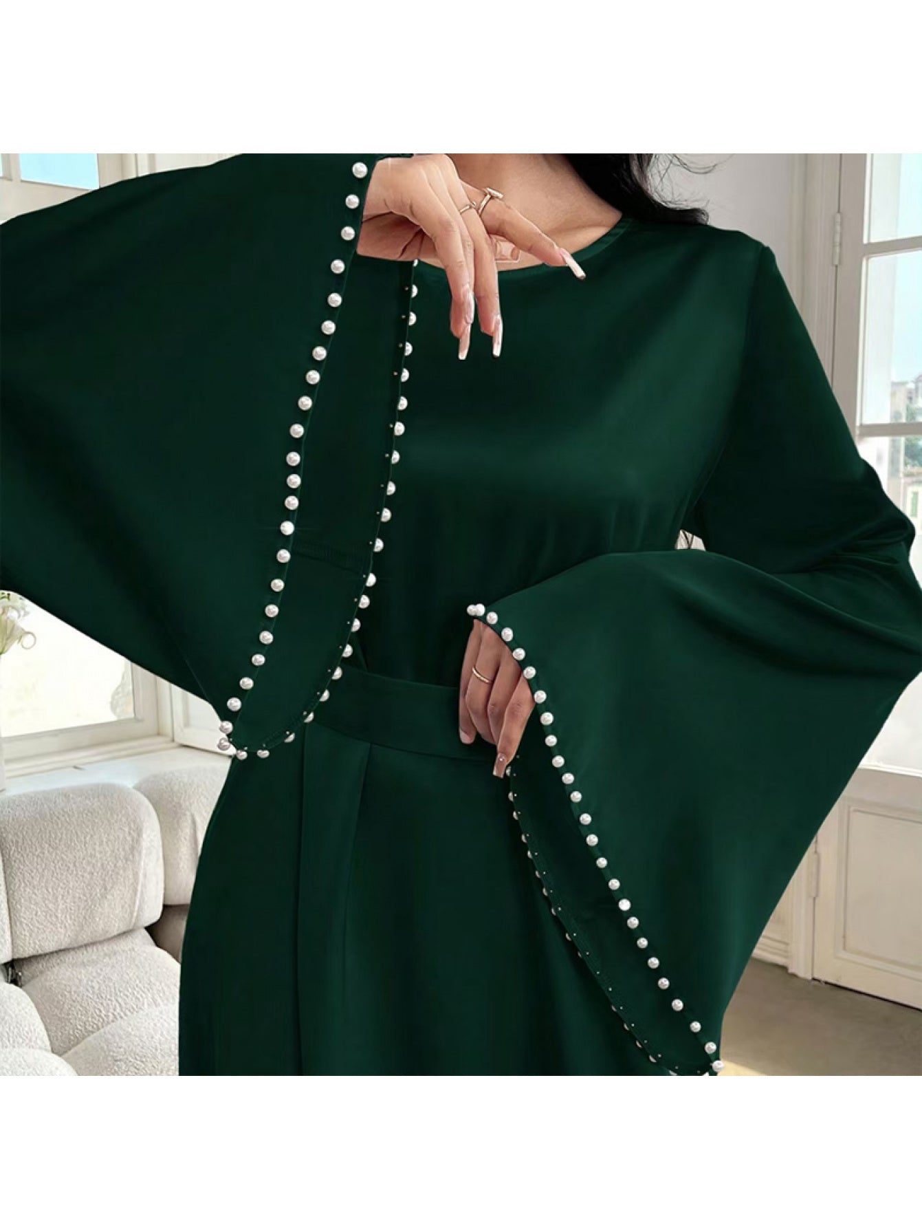 Elegant Round Neck Solid Color Flared Maxi Dress Long Sleeve with Pearl Cuff Detail, Modest A-Line Middle Eastern Turkish Abaya Party & Vacation Dress for Women