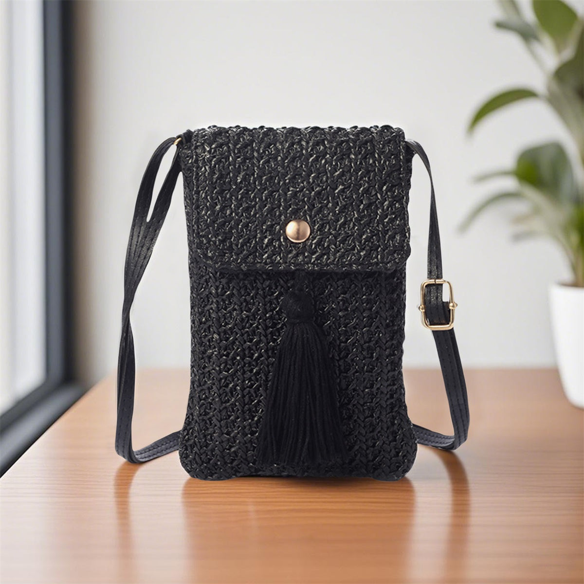 Women's Chic Beige Woven Crochet Crossbody Bag with Adjustable Strap, Tassel Detail & Magnetic Closure - Lightweight Fabric Phone Purse