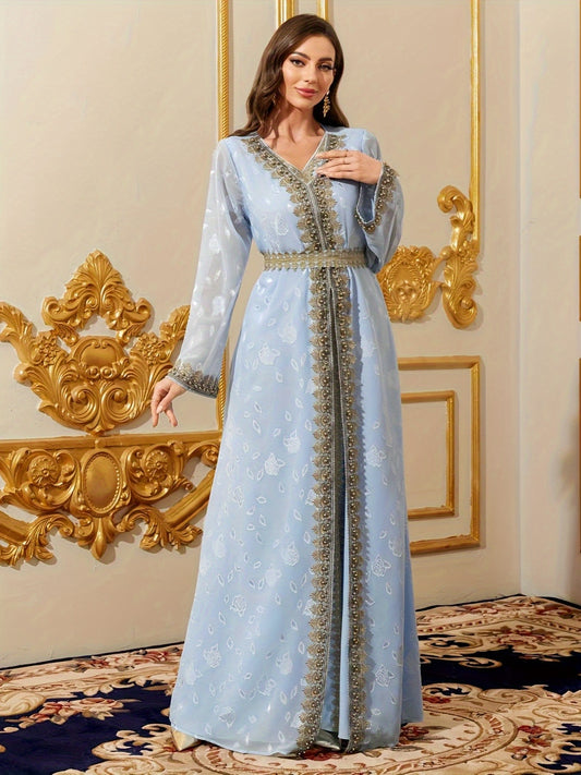 Long Sleeveless V-Neck Abaya Dress | Women's Middle Eastern Arabian Lace-Trimmed with Golden Embroidery & Adjustable Waist Belt | Modern Silklike Fabric for Festive Performances, Weddings