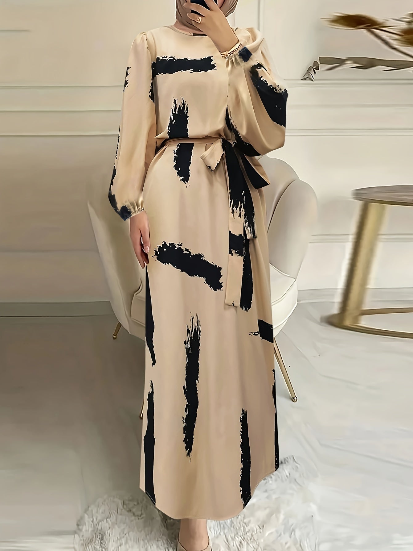 Navy Blue & Orange Print Women's Arabic Traditional Kaftan Abaya Dress | Long Sleeve Knee-Length Machine Washable Fitted Silhouette for Modest All-Season Wear, Middle Eastern Attire