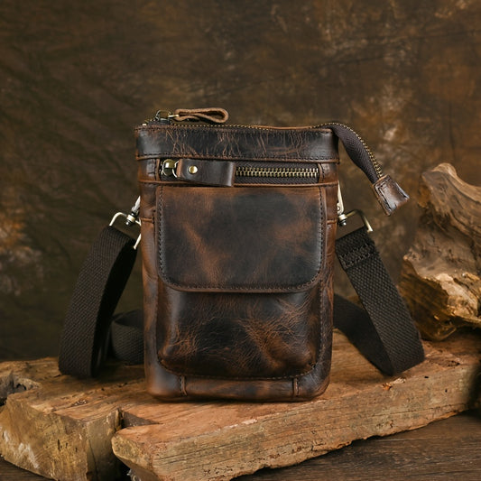 Vintage Multi-Functional Genuine Leather Crossbody Bag | 7-inch Mobile Phone Pocket, Hook Wear Belt, Casual Retro Style, Uncharged - Ideal for Going Out
