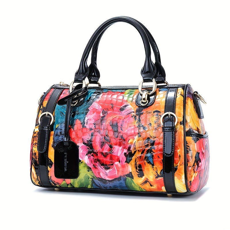 Leather Crossbody Handbag, Doodle Top Handle Messenger Bags For Women, Designer Handbags Crossbody Bags, Large Size, With Zipper, Adjustable Shoulder Strap, Satchel Purse