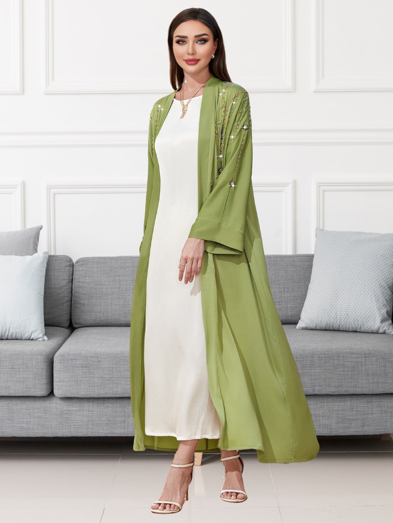 Elegant Green & White Long Tunic Dress with Beaded Detail - Casual Turkish Abaya Style, Long Sleeve, Floor-Length, Perfect for Spring/Summer, Casual Summer Wear | Elegant Long Dress | Texture