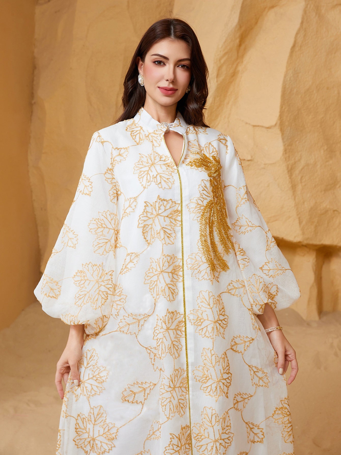 Oriental Style Regular Formal Dress Women's Abaya with Sequins and Mesh Stand Collar, Light Luxury Evening Gown for Festive Occasions - Turkish Jalabiya