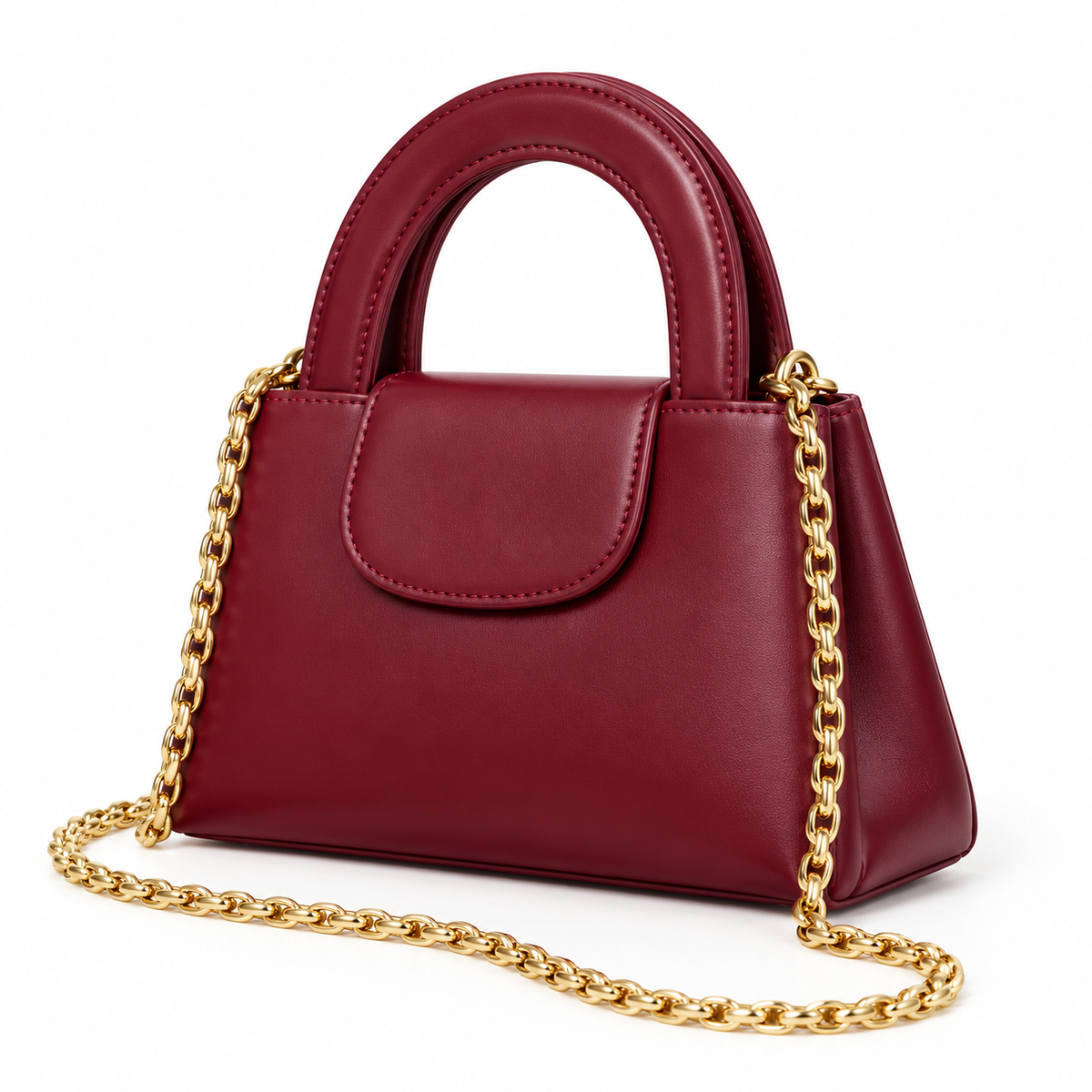 Burgundy Vegan Leather Chain Handle Handbag