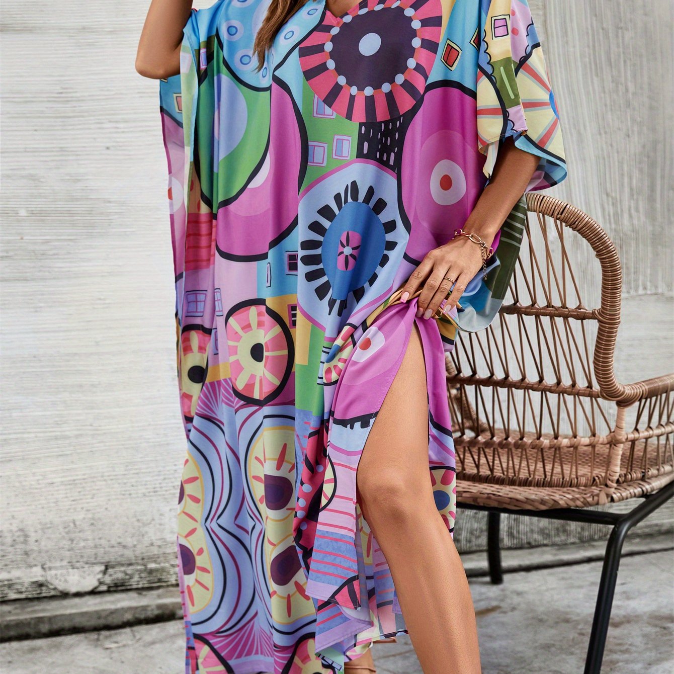 Plus Size Boho Chic Tropical Print Beach Kaftan - V-Neck, Batwing Sleeve Cover Up with Side Slit - Vibrant Geometric & Floral Design in Blue, Green, Pink & Purple - Perfect for Summer Vacations & Resort Wear, Bohemian Clothing