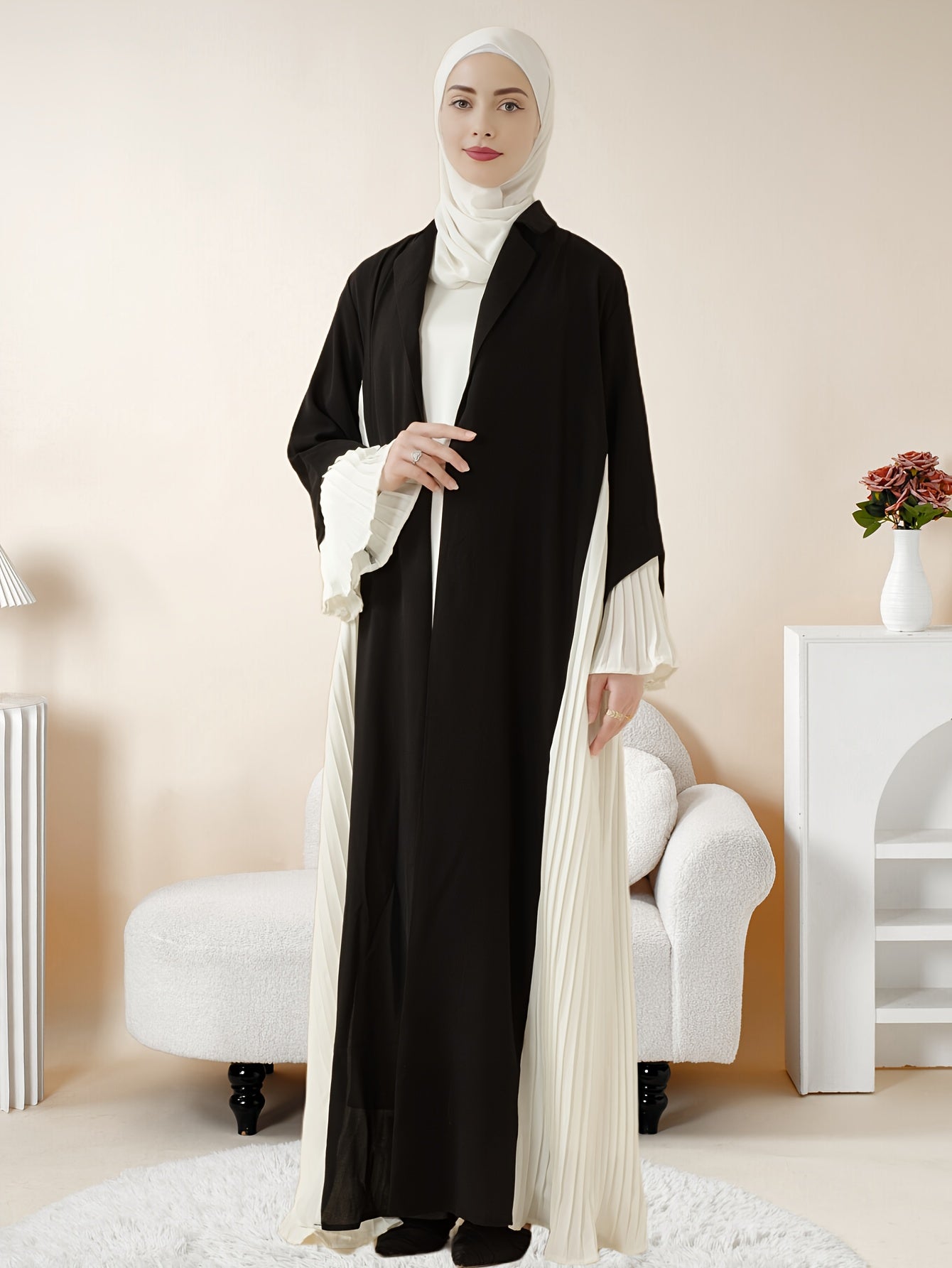 Elegant Black and White Contrast Pleated Open Front Abaya, Summer Lightweight H-Line Silhouette, Breathable Non-Stretch Fabric, Regular Sleeve Design for Women, Cultural & Formal Wear