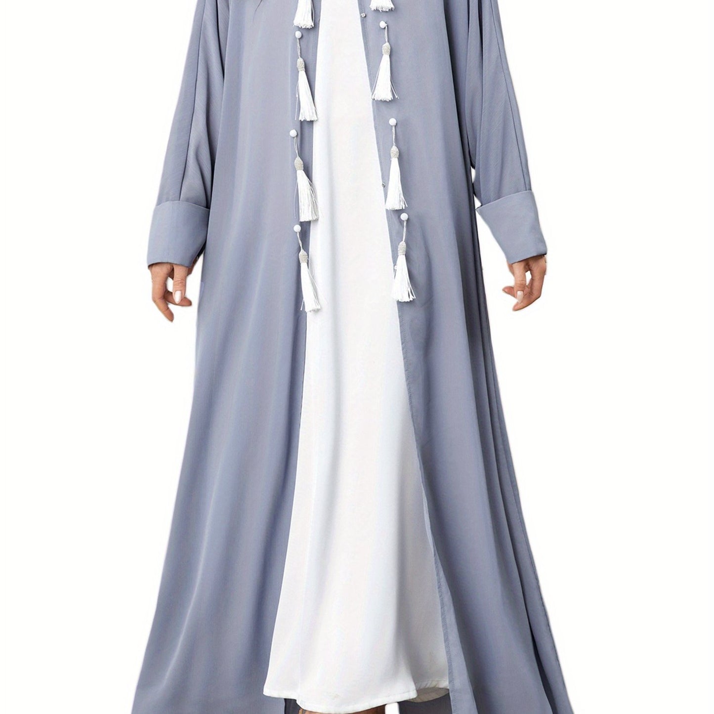 Women's Turkish Kaftan Robe - Long Sleeve Loose Fit Tassel Detail Arab Gown, Lightweight Breathable Machine Washable Solid Color Casual Beachwear for Spring & Summer, Versatile Robe