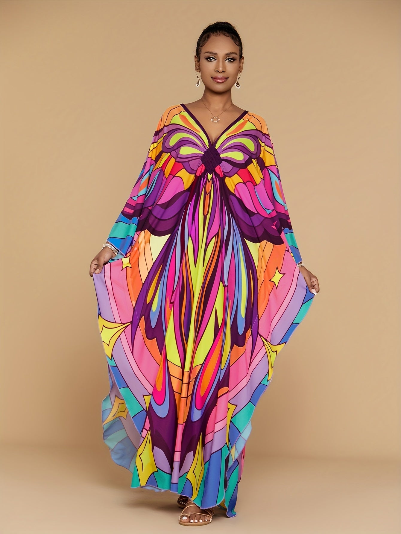 Plus Size - Maxi Dress - Vibrant Butterfly Abaya Cover Up, V-Neck Batwing Sleeve Tunic with Asymmetrical Hem, Loose Fit Long Beach Dress for Women, Spring Summer Fall Casual Outings, Beach Dress