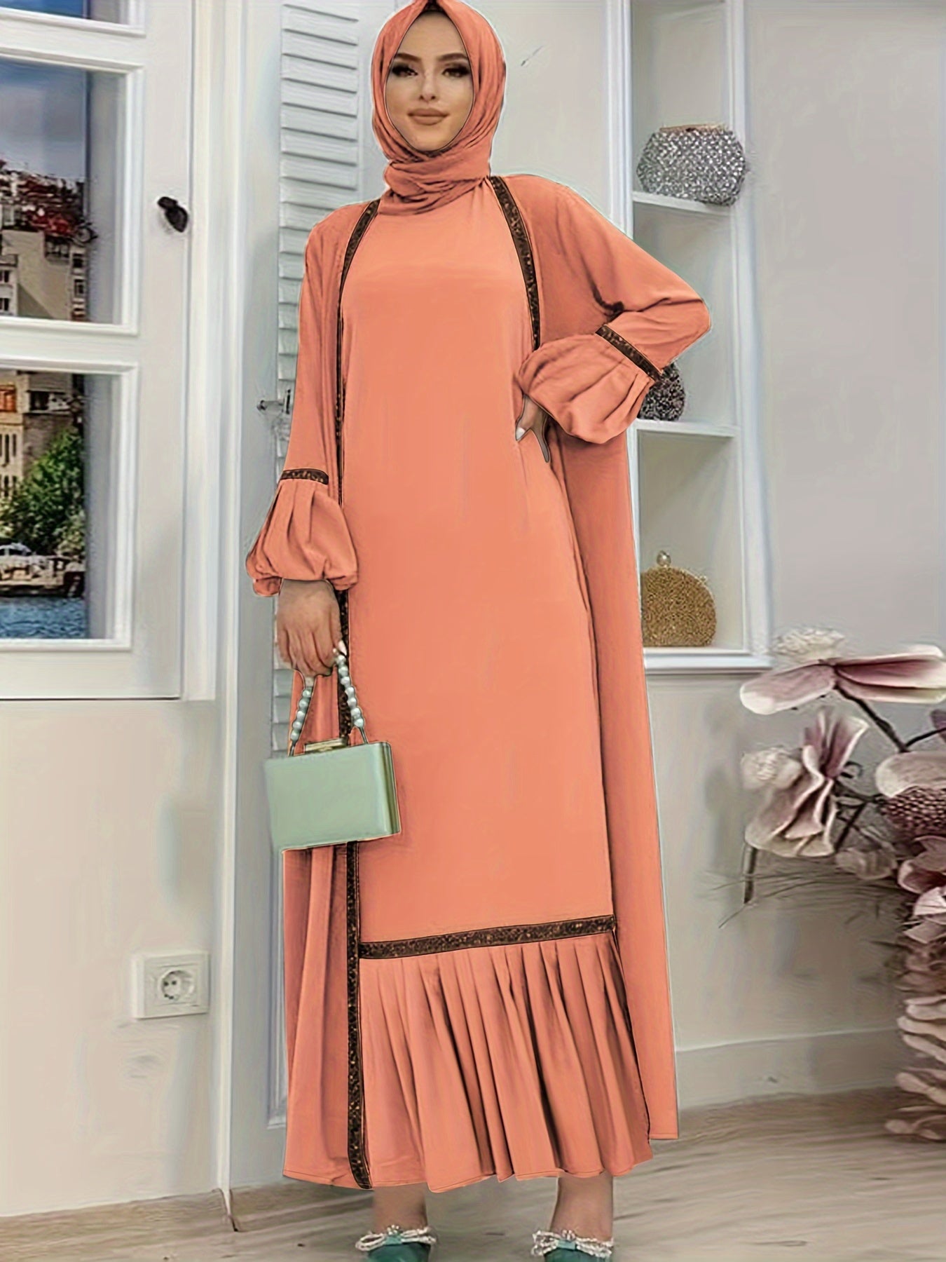 Abaya Contrast Trim Elegant Two Piece Set, Ruffle Hem Tank Dress & Lantern Sleeve Open Front Cardigan Outfits, Women's Clothing