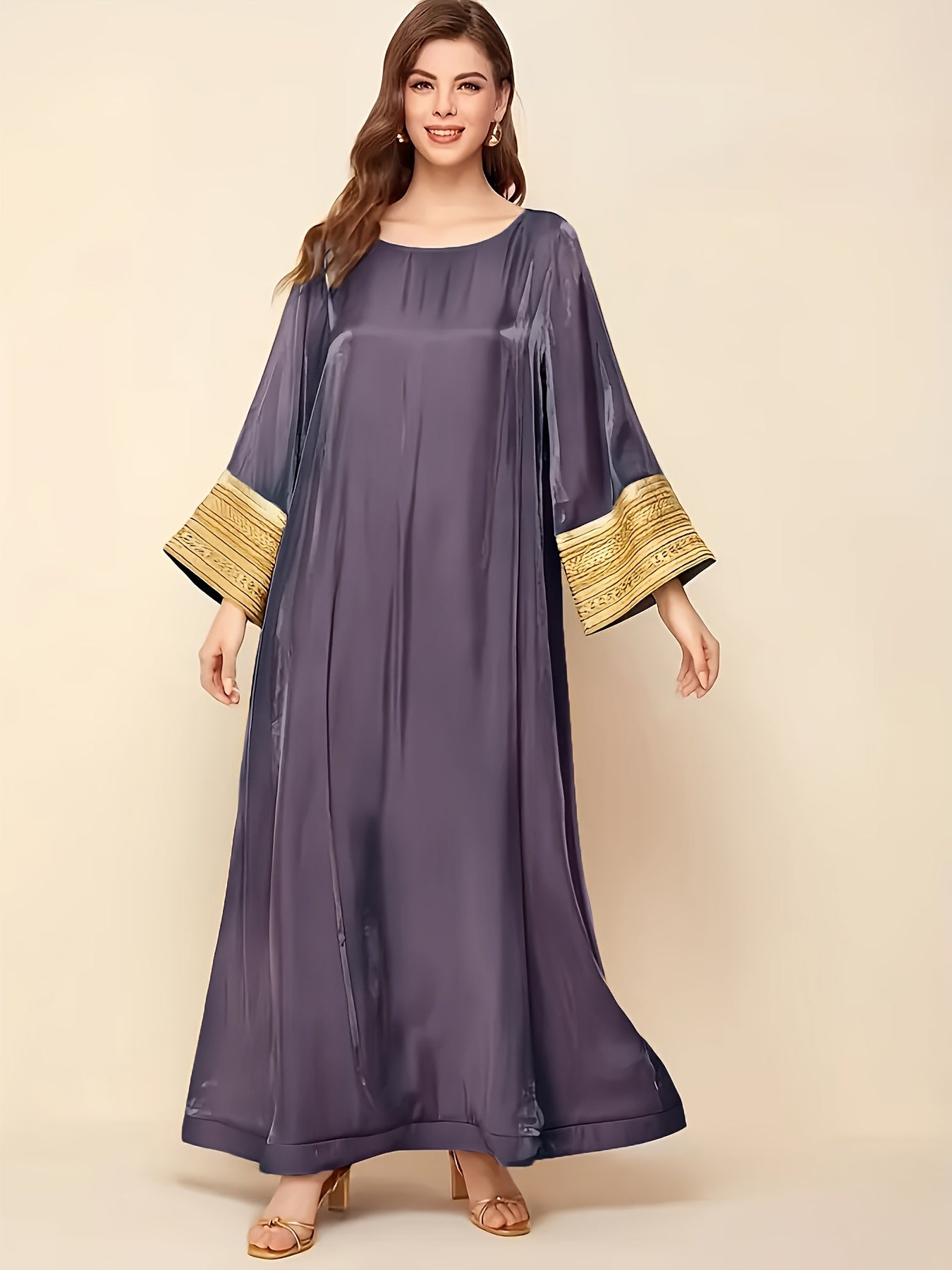 Elegant Long-Sleeve Baju Abaya | Golden Lace Accents, Reflective, Loose Fit, Round Neck, Perfect for Spring/Fall, Women's Fashion, Fall Fashion