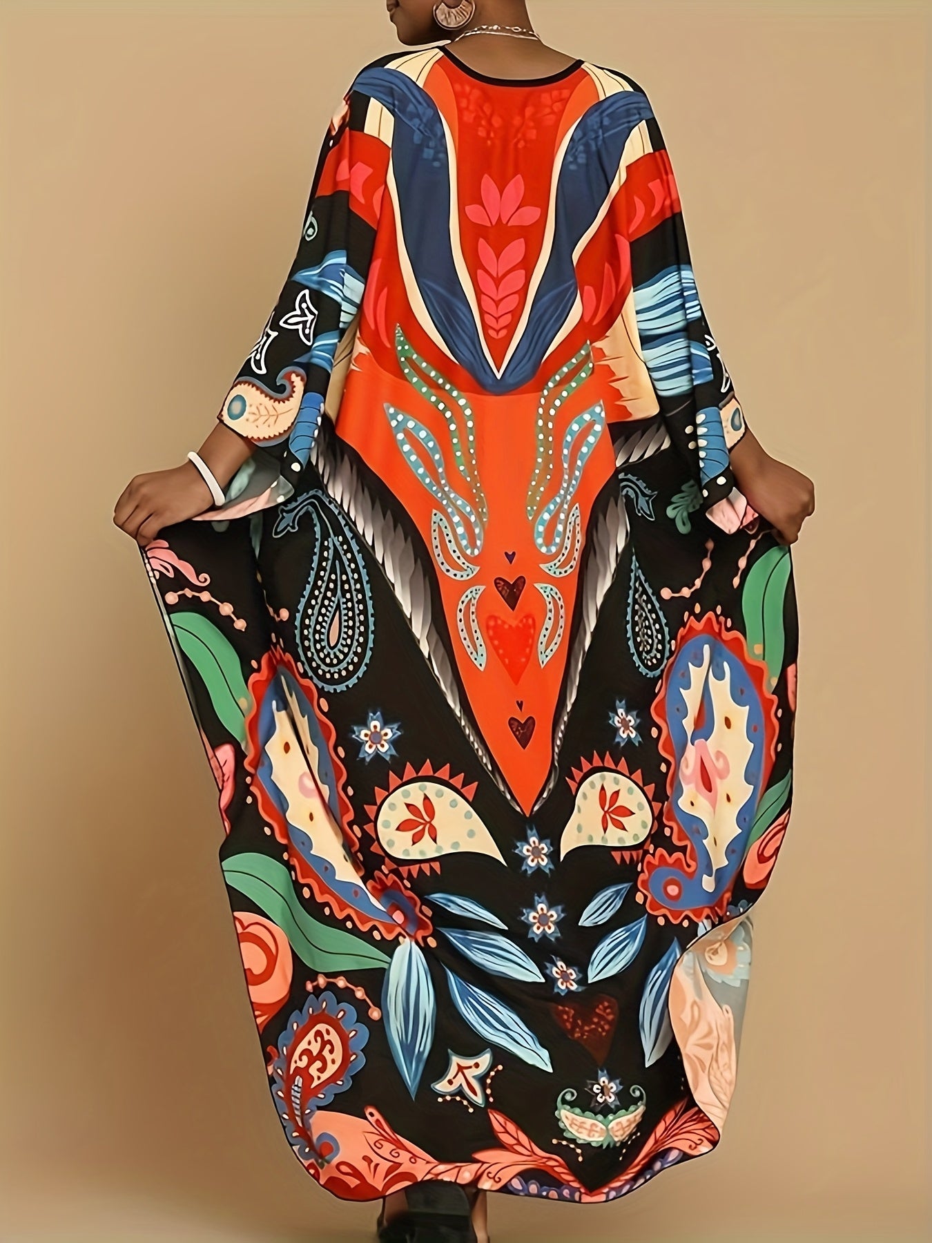 Plus Size Women's Elegant Butterfly Print Abaya Dress - Long Sleeve Loose Fit Turkish Beach Cover Up, Mid-Length H-Line Swimsuit Coverup with Slit Details, Hand Washable for Poolside & Festive Occasions, Bathing Suit Cover