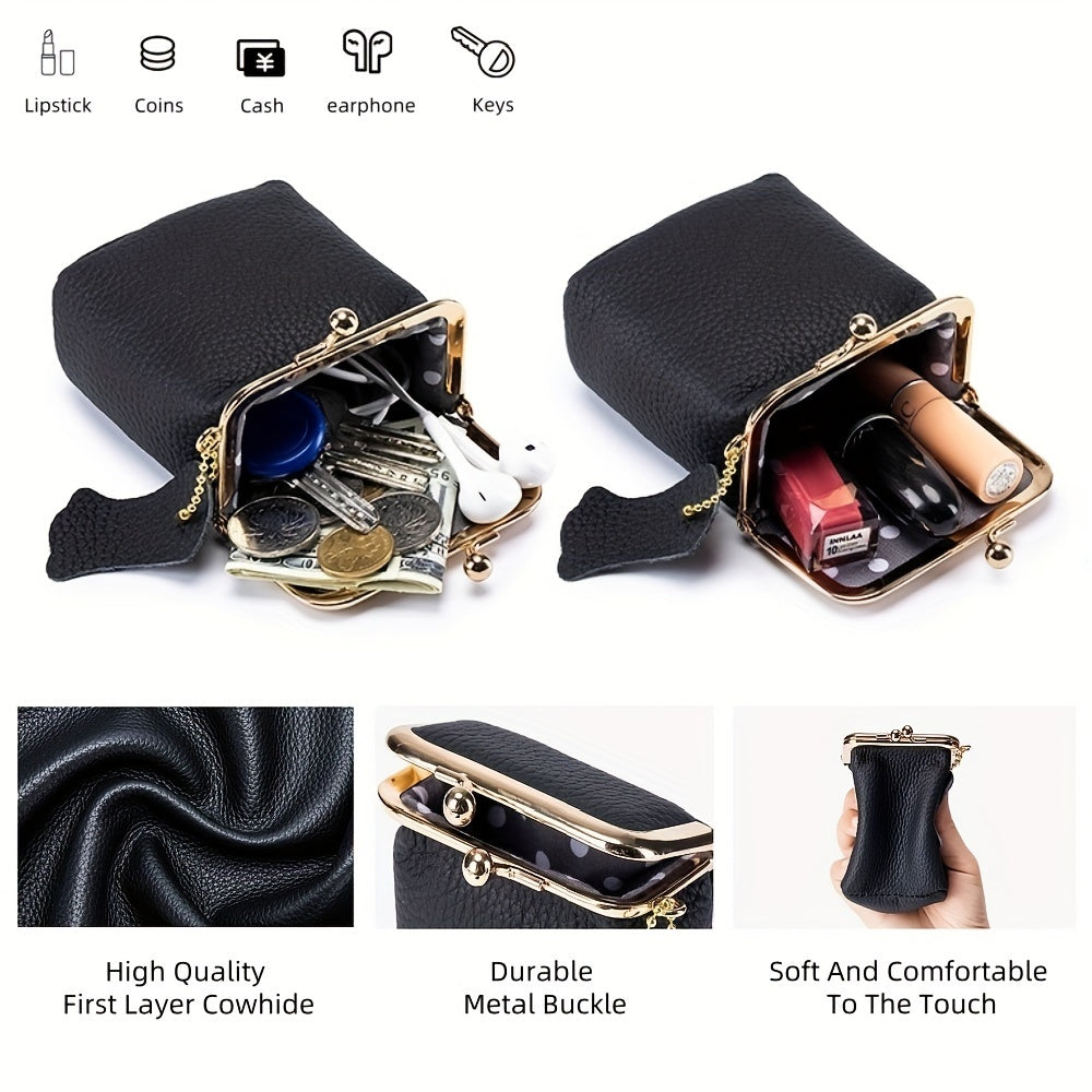 Vintage Genuine Leather Mini Bag Organizer with Secure Kiss Lock - Spacious Coin Purse, Key Holder, Earphone & Lipstick Case, Multi-Purpose Travel Cosmetic Pouch