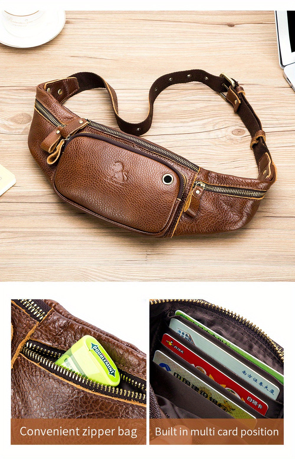 Real Leather Men's Messenger Sling Bag, Cowhide Chest Bag, Sporty And Casual Style, Top layer Cowhide Cash Bag, Trendy Men's Waist Bag