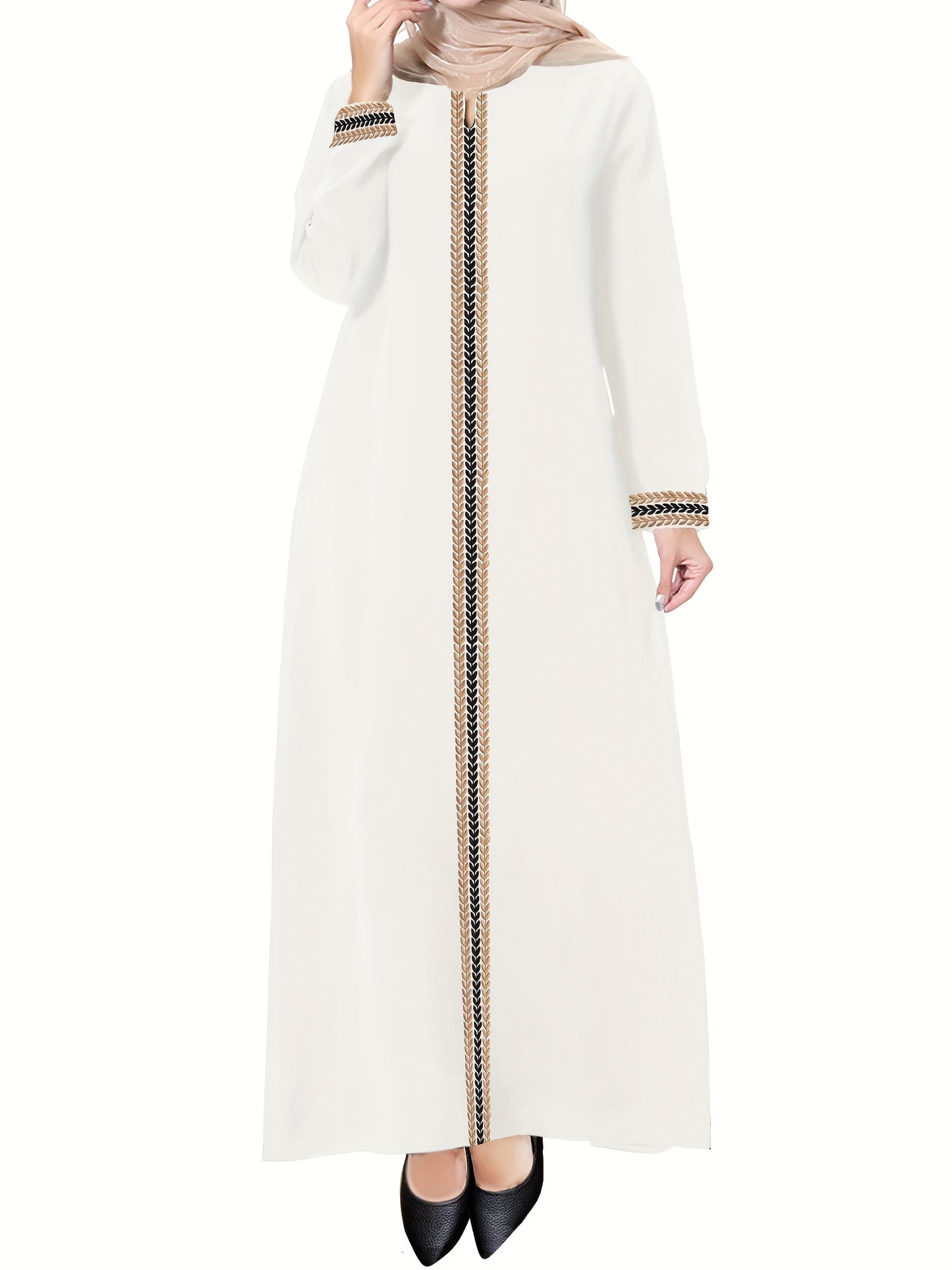 Navy Blue Muslim Kaftan Dress | Elegant Jibab Abaya, Golden Embroidery, Sleeve, Loose Fit, Maxi Length, Hijab-Friendly Design, All-Season Wear