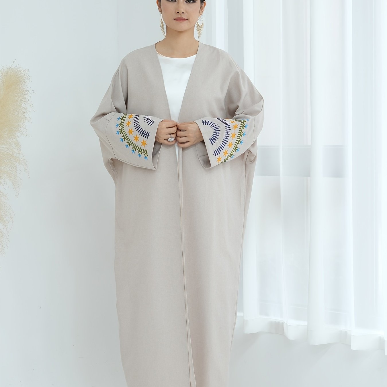 Elegant Beige Kimono Abaya - Open Front Linen-Look Polyester Dress for Women, Long Sleeve with Contrast Trim, All-Season Islamic Wear (Sizes S to XXL), Modest Clothing