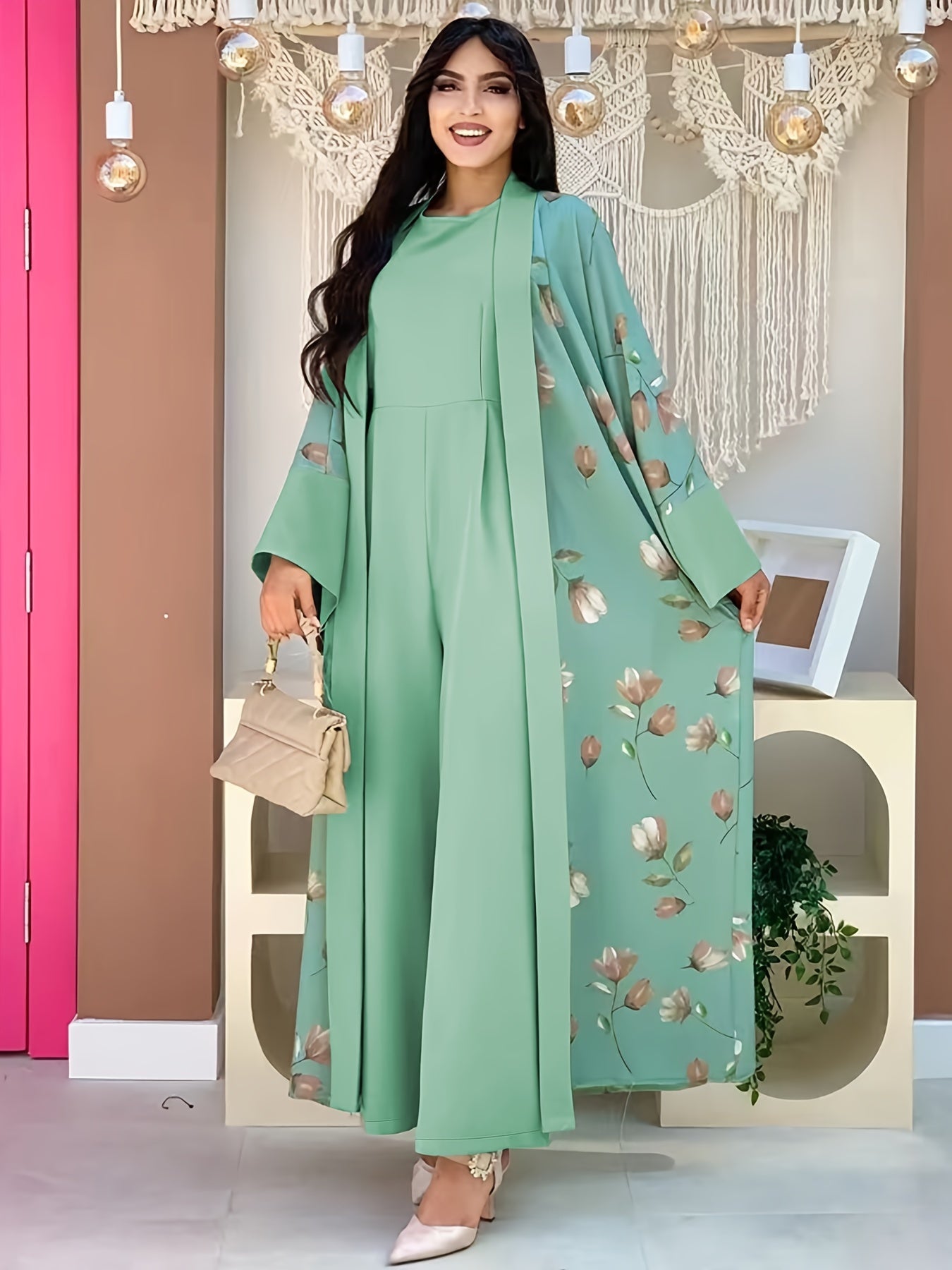Middle Eastern Muslim Print Jumpsuit Two-Piece Set for Women Without Headscarf | Pakistani Abaya