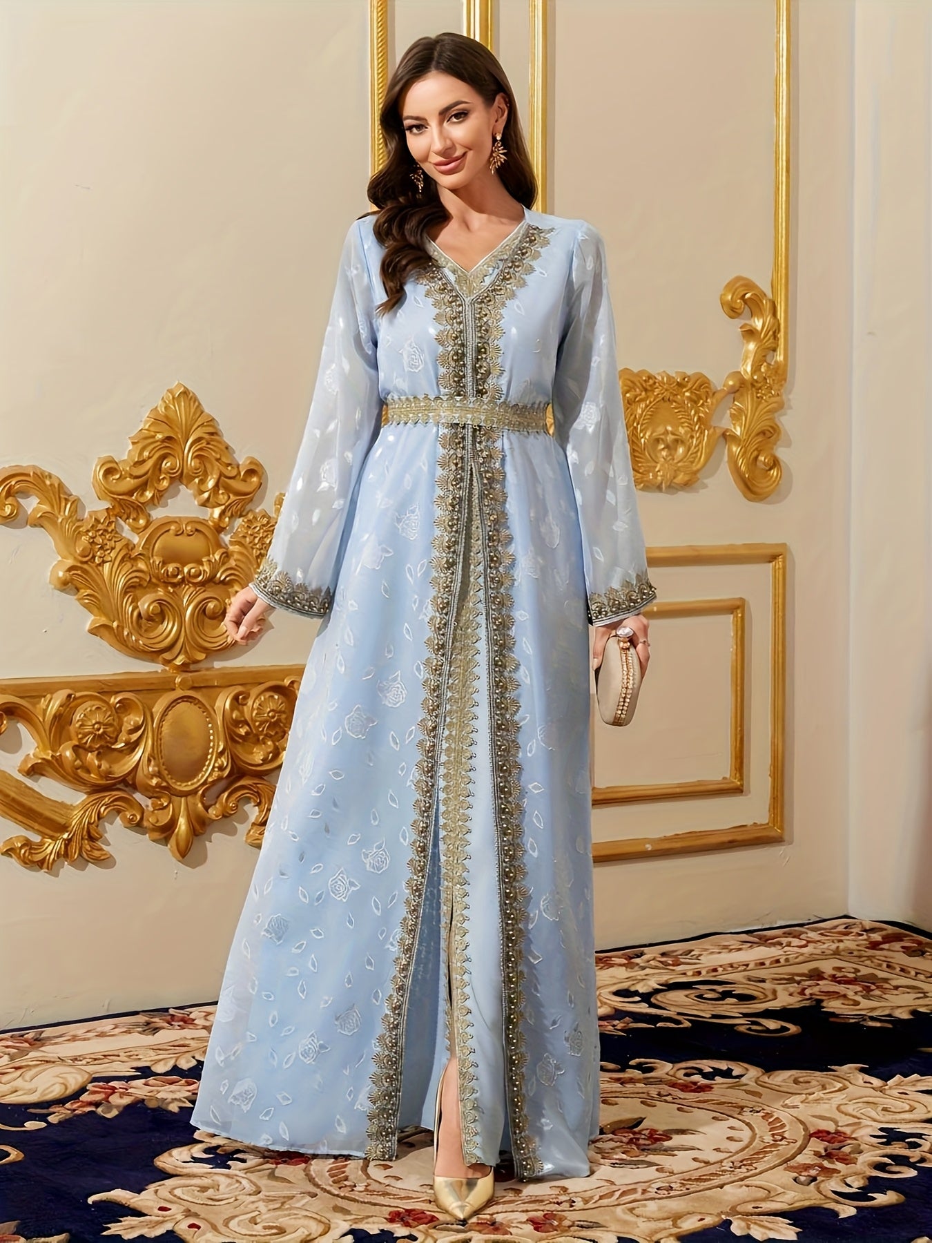 Long Sleeveless V-Neck Abaya Dress | Women's Middle Eastern Arabian Lace-Trimmed with Golden Embroidery & Adjustable Waist Belt | Modern Silklike Fabric for Festive Performances, Weddings