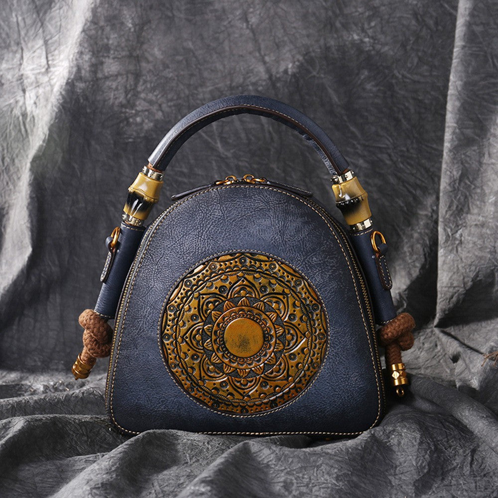 Genuine Leather Women's Crossbody Bag - Retro Chinese-Style Embossed Design, Adjustable Shoulder Strap, Zipper Closure, Top-Grain Cowhide Shell
