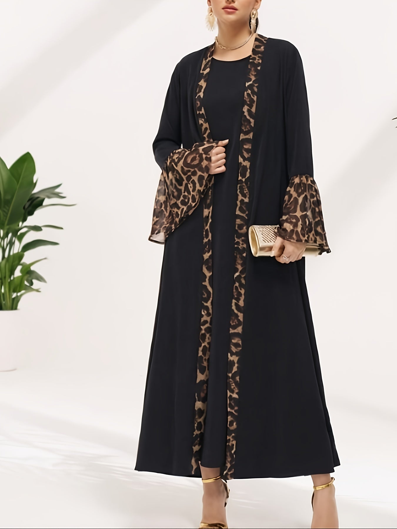 Plus Size, Graceful Women's Two-Piece Long Dress Set with Leopard Print Patchwork, Middle Eastern Pakistani Abaya Muslim Abaya 2pcs Long Sleeve Jumpsuit Casual Elegant Robe
