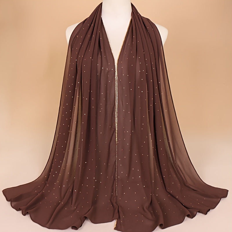 1pc Lightweight Breathable Chiffon Scarf with Sparkling Rhinestone Trim