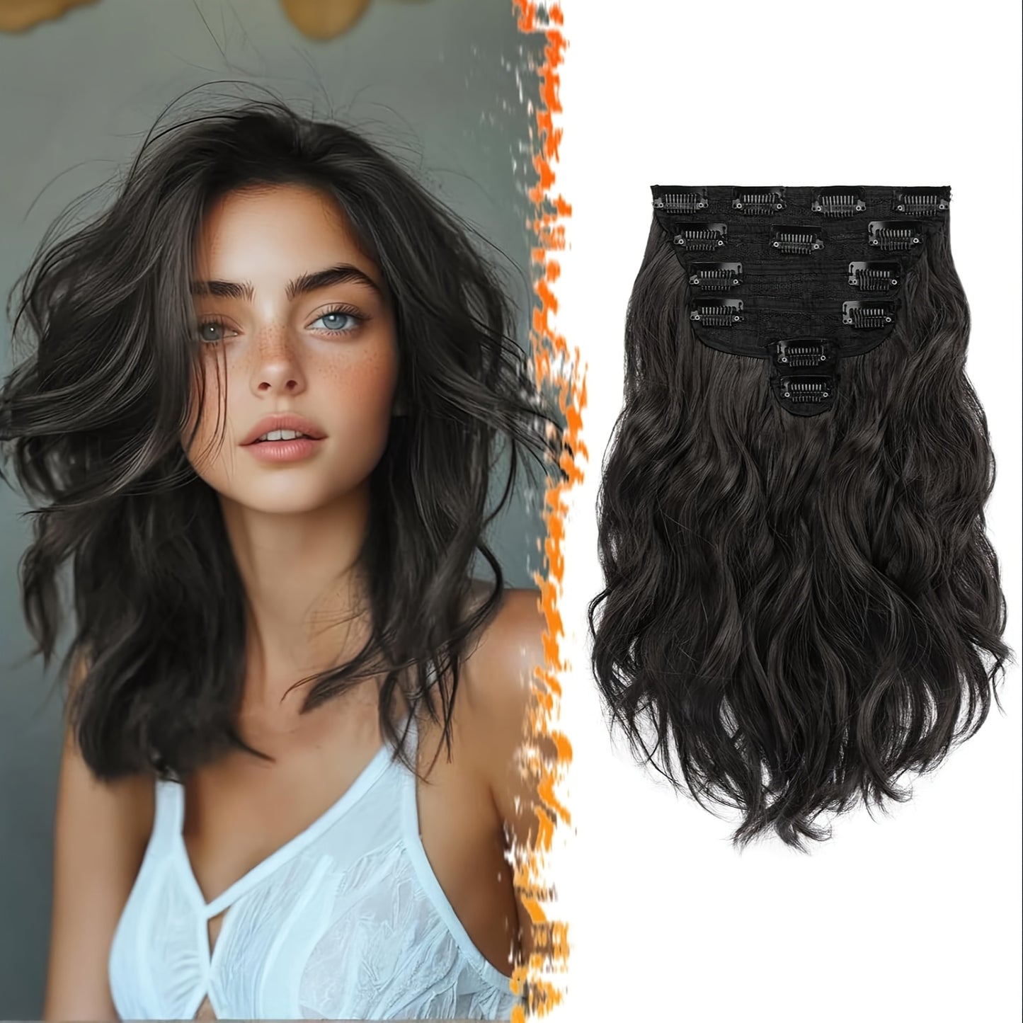 FESHFEN 6pcs Clip-In Hair Extensions, 12 Inch/30cm, Short Wavy Clip-In Extensions, Suitable for Women Halloween/Cosplay/Daily Wearing, Full Head, Thick Synthetic Clip Hair Extension - Brown