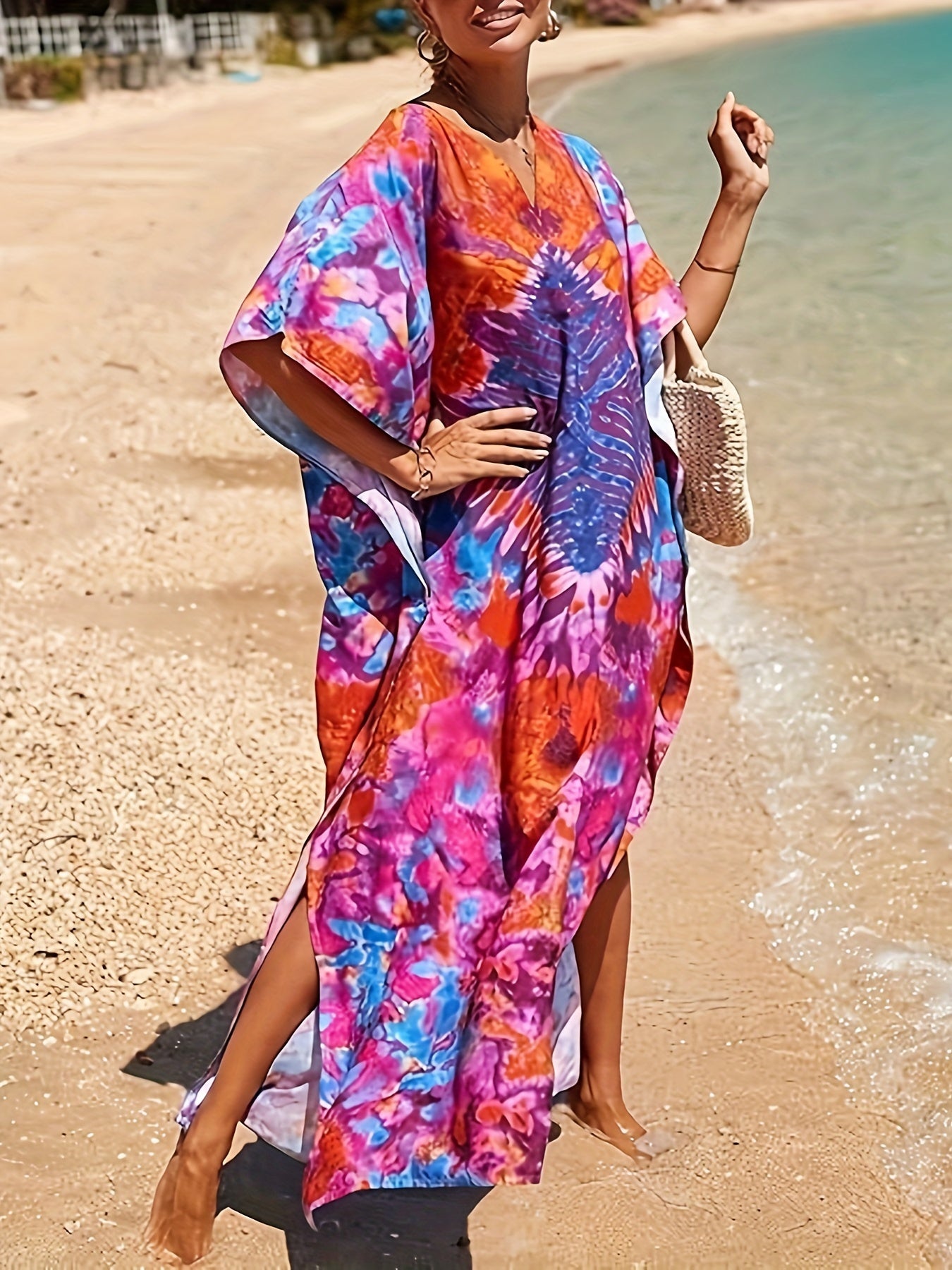 Loose Beach Cover Up Short Sleeve Casual Kaftan Dress For Women Swimsuit Coverup Orange Red